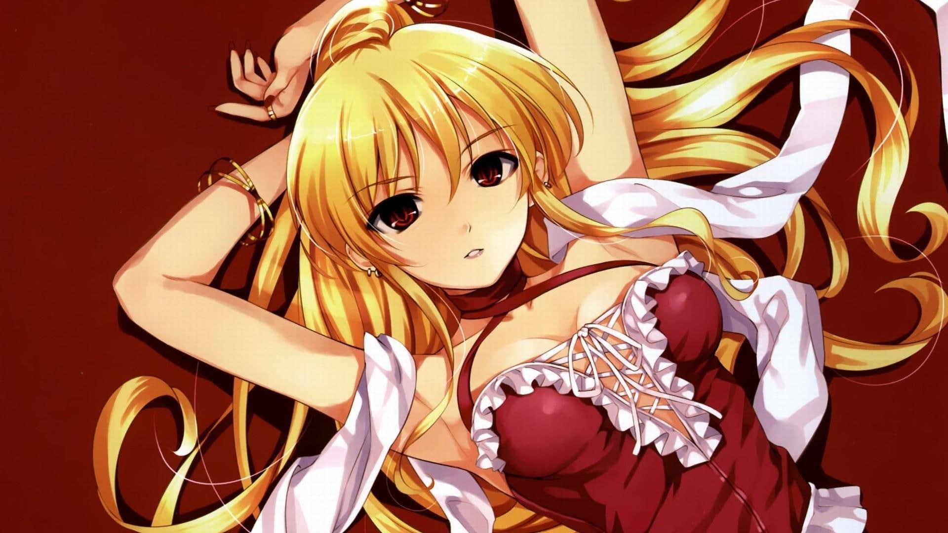 woman, blonde hair, red, pritty, 1080P, white, anime, hot, HD Wallpaper