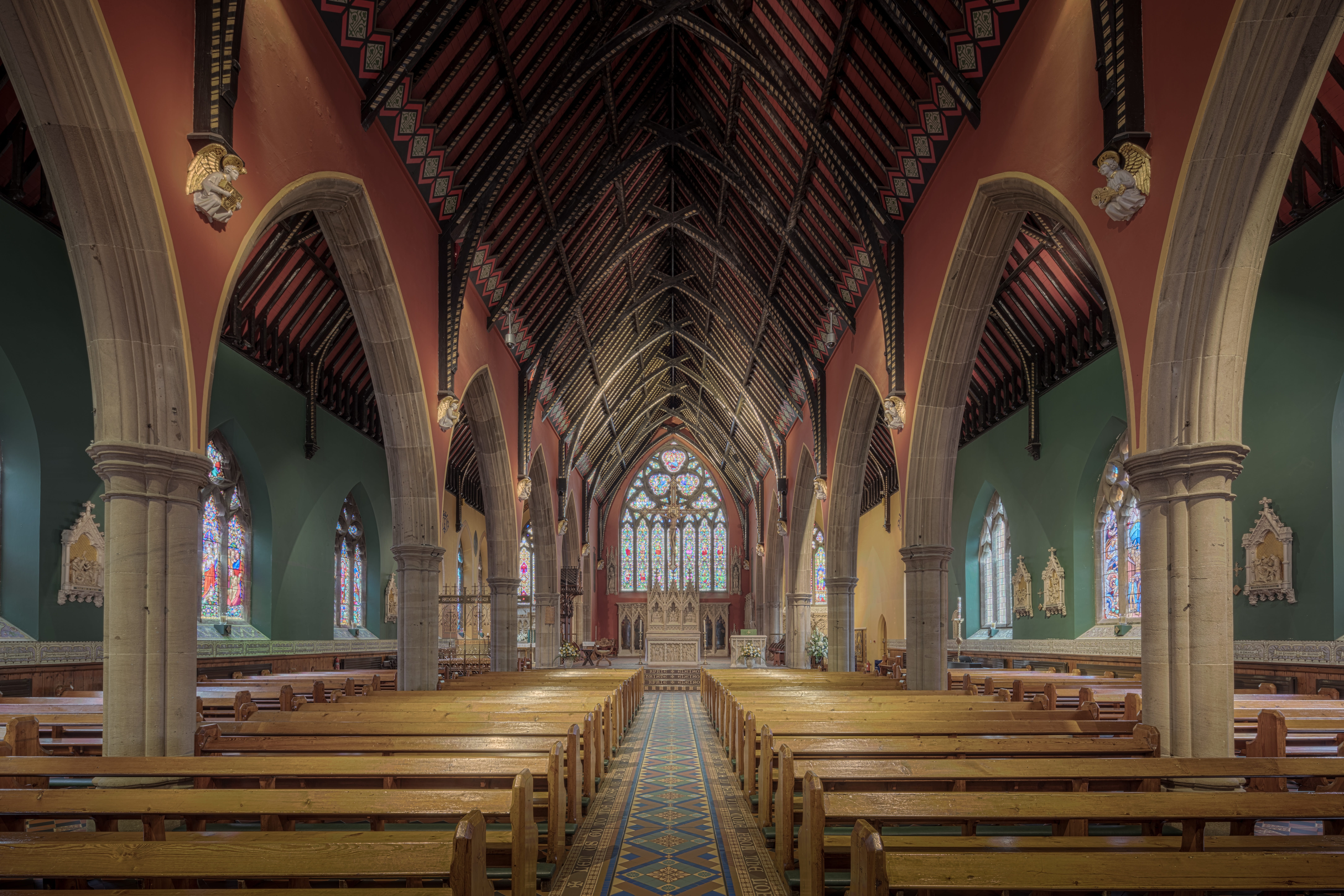 colonnade, architecture, religious, diminishing perspective, indoors, built structure, minster, 8K, pew, church, direction, interiors, architectural column, HD Wallpaper