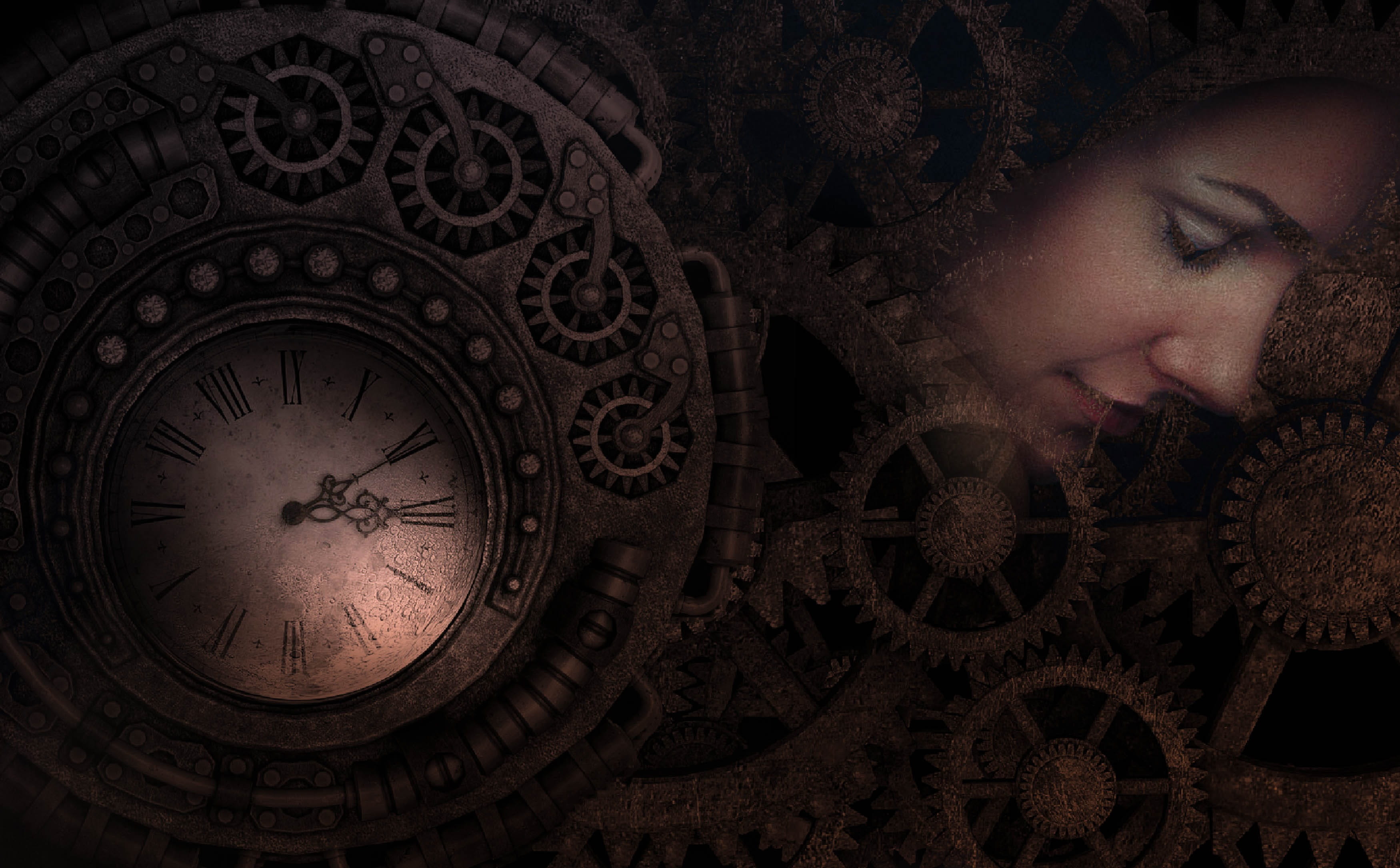 pocket watch, eyes closed, beautiful woman, relative, clock face, machine, forward, 2K, mysterious, physics, looking, portrait, human body part, one person, HD Wallpaper
