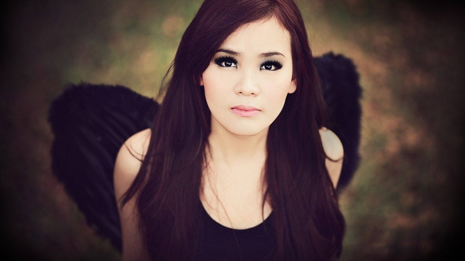 1080P, eyes, black, largo, angel, belleza, pelo, girl, hair, brown, long, alas, HD Wallpaper