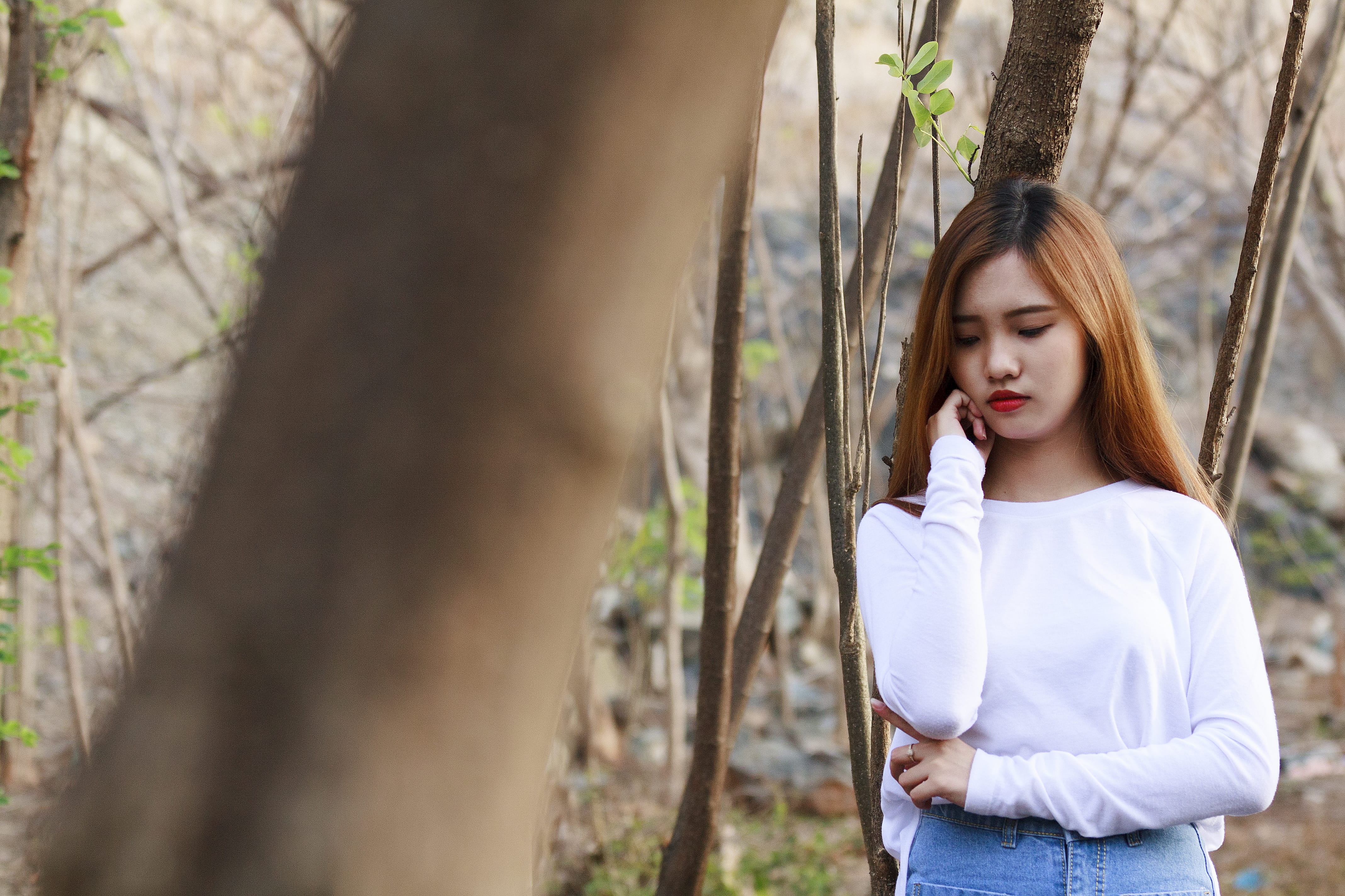 beautiful woman, trunk, waist up, one person, standing, young adult, contemplation, tree trunk, front view, plant, forest, girl, outdoors, young women, HD Wallpaper