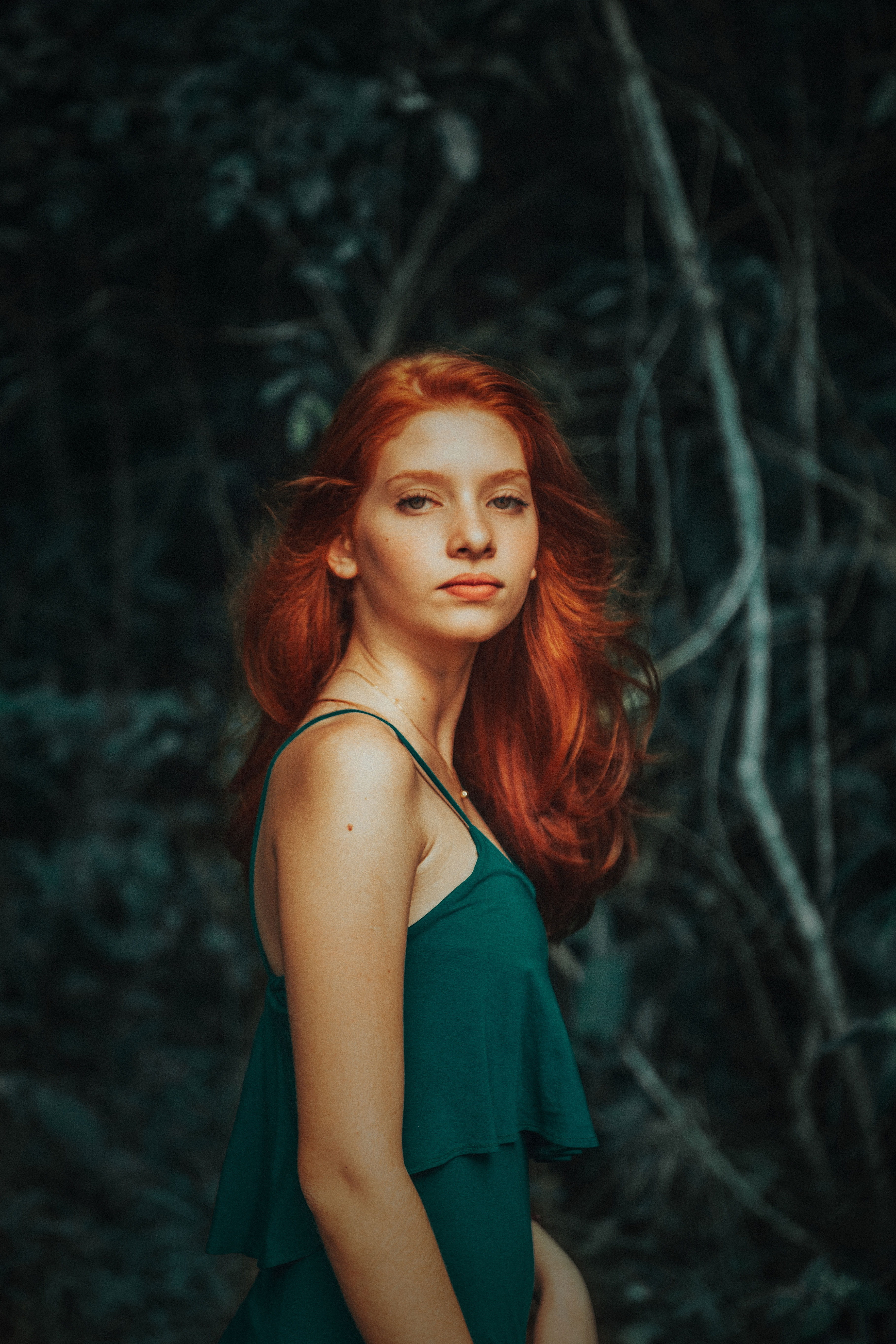 dress, teal, green, woman, stern, spaghetti, emotionless, retrato, leisure activity, top, young adult, hair, style, contemplation, looking at camera, fire head, Phone HD Wallpaper