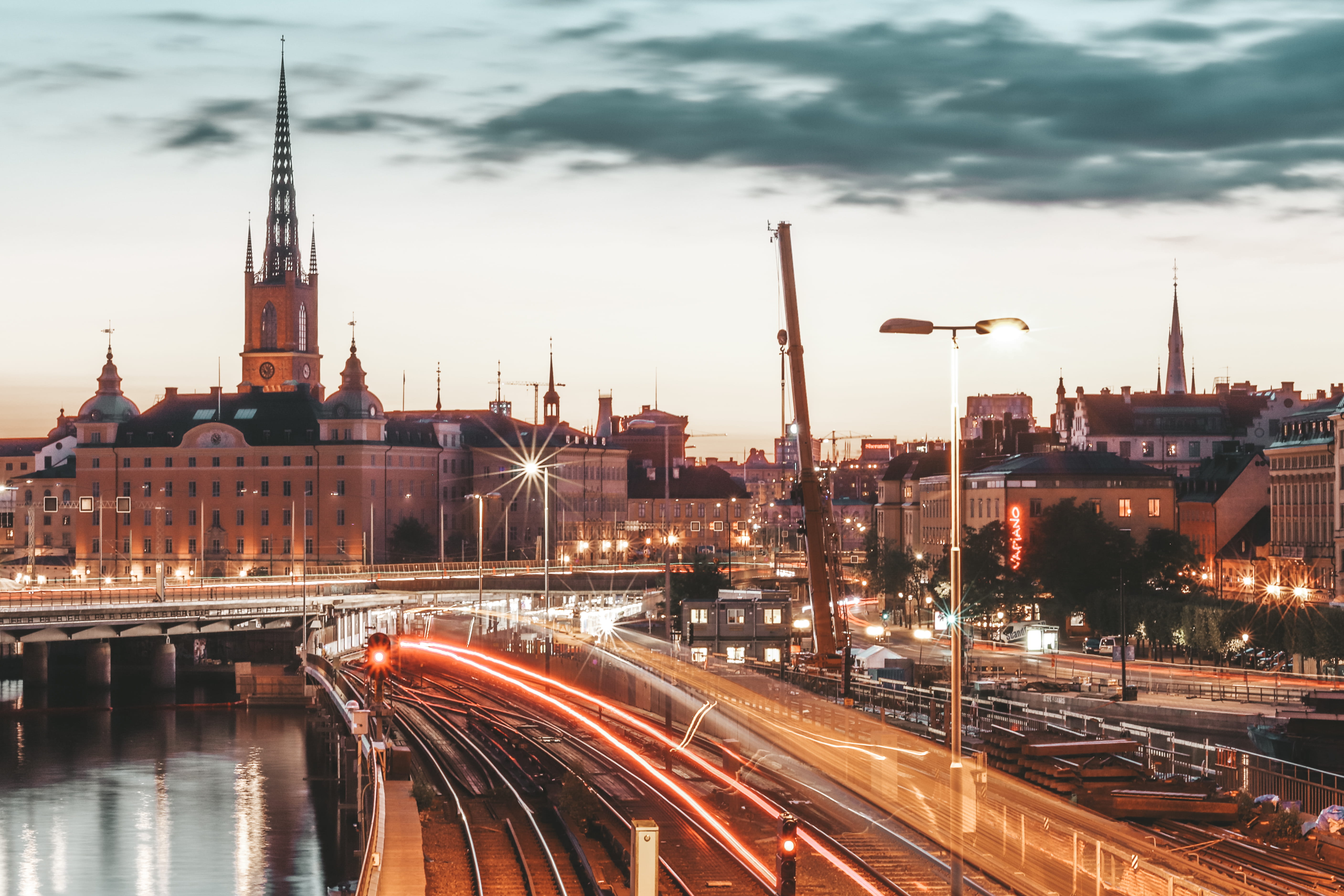 neon, dusk, travel destinations, street, nature, cloud - sky, transportation, cityscape, outdoors, building, rails, building exterior, water, town, sky, HD Wallpaper