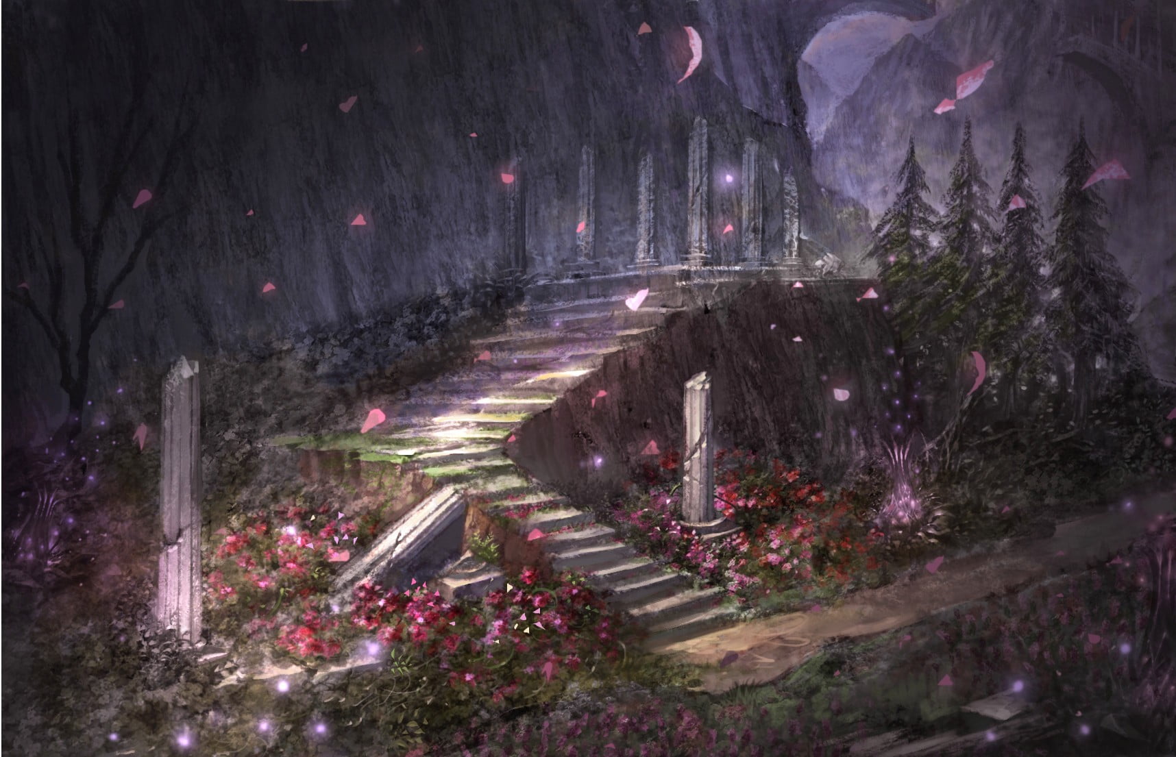 720P, outdoors, nature, concrete, surrounded, fantasy art, no people, transportation, city, pink, night, plant, travel destinations, grey, road, architecture, HD Wallpaper