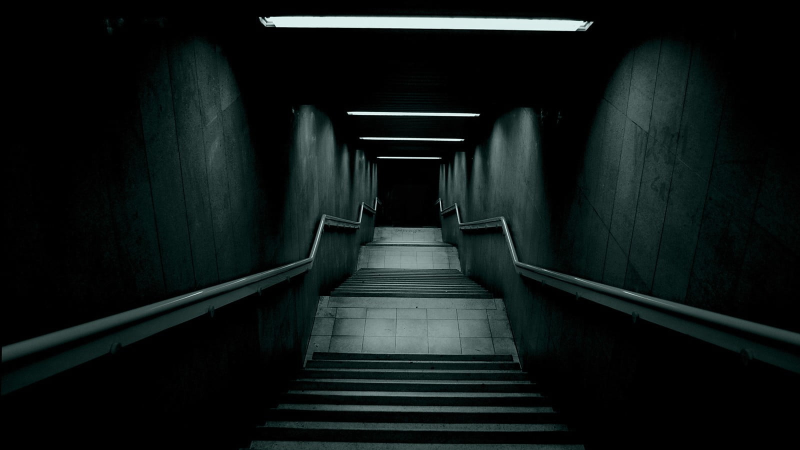 720P, no people, illuminated, gray, indoors, built structure, railing, absence, black, public transportation, steps and staircases, direction, tunnel, HD Wallpaper