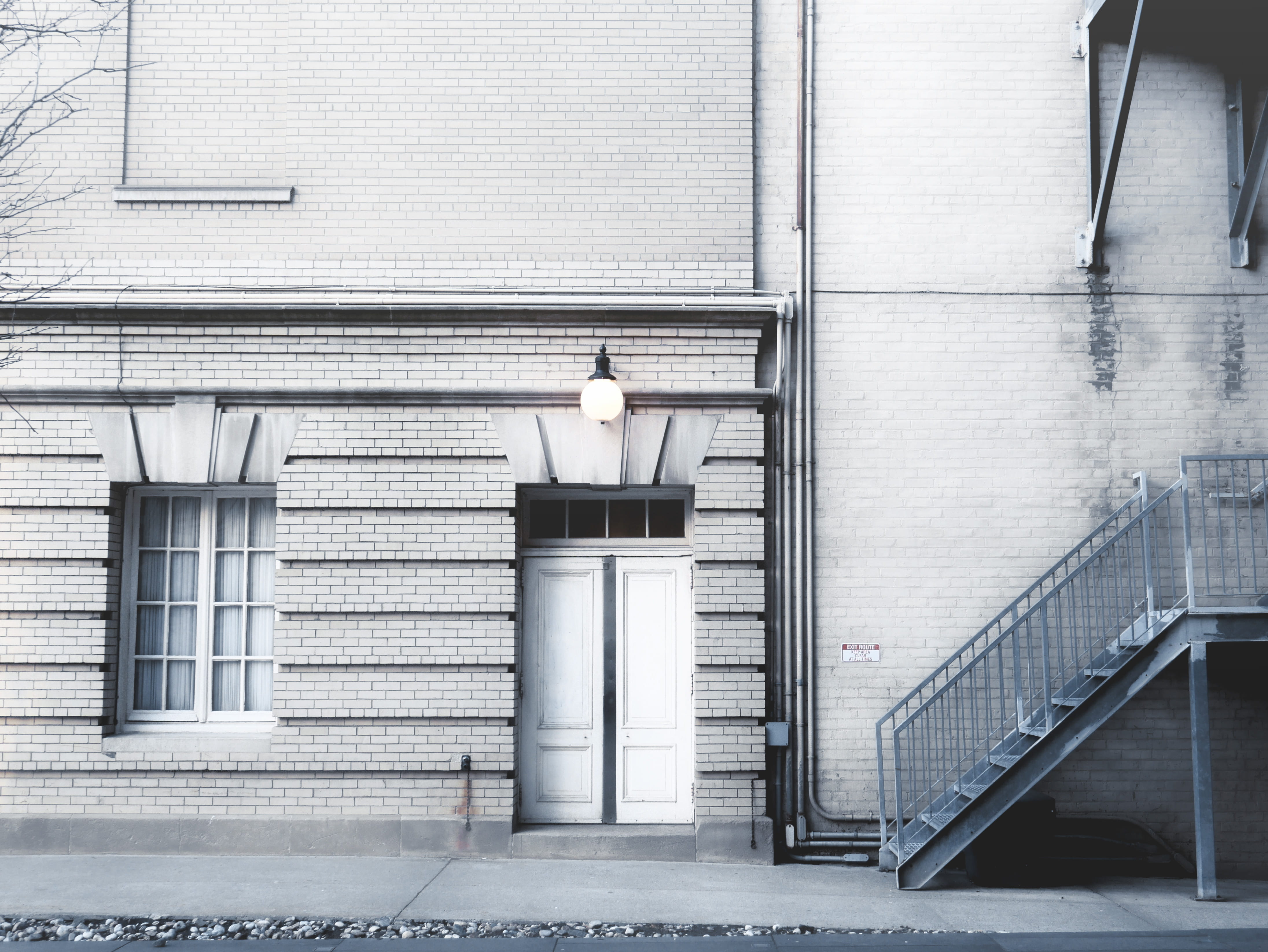 house, door, wooden, no People, staircase, brick, lighting equipment, railing, street light, glass - material, stairs, architecture, building, grayscale, HD Wallpaper