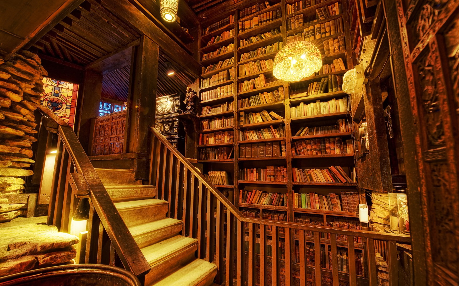1080P, lights, books, stairs, interior, library, HD Wallpaper