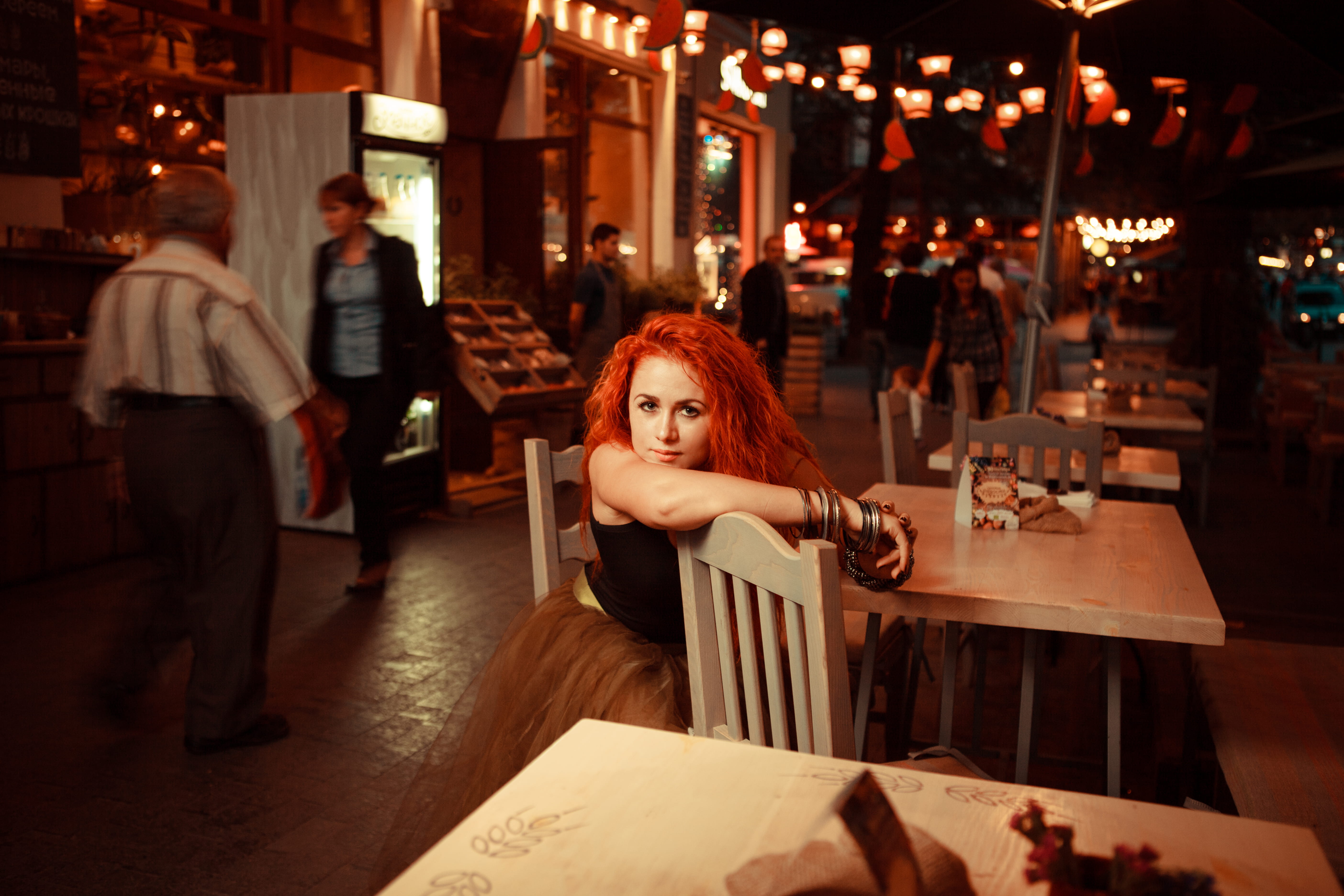 5K, beautiful woman, night life, adult, brown, cafe, young women, dining table, young adult, human, plywood, food and drink, lifestyles, pub, near, portrait, HD Wallpaper