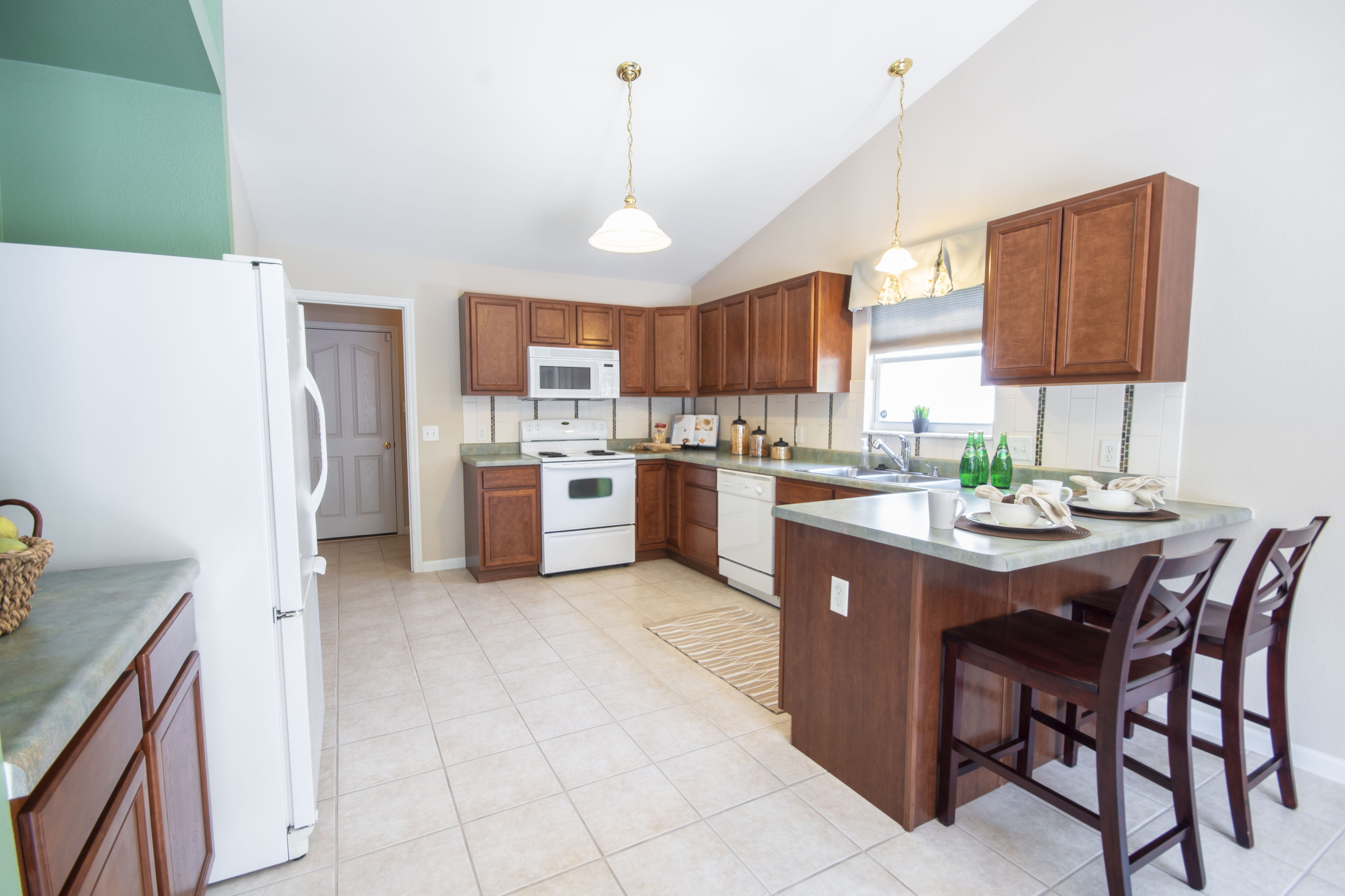 tiled floor, residential, counter, chairs, floor, flooring, kitchen, tile, modern, no people, kitchenware, faucet, cabinet, wood, interior design, refrigerator, HD Wallpaper