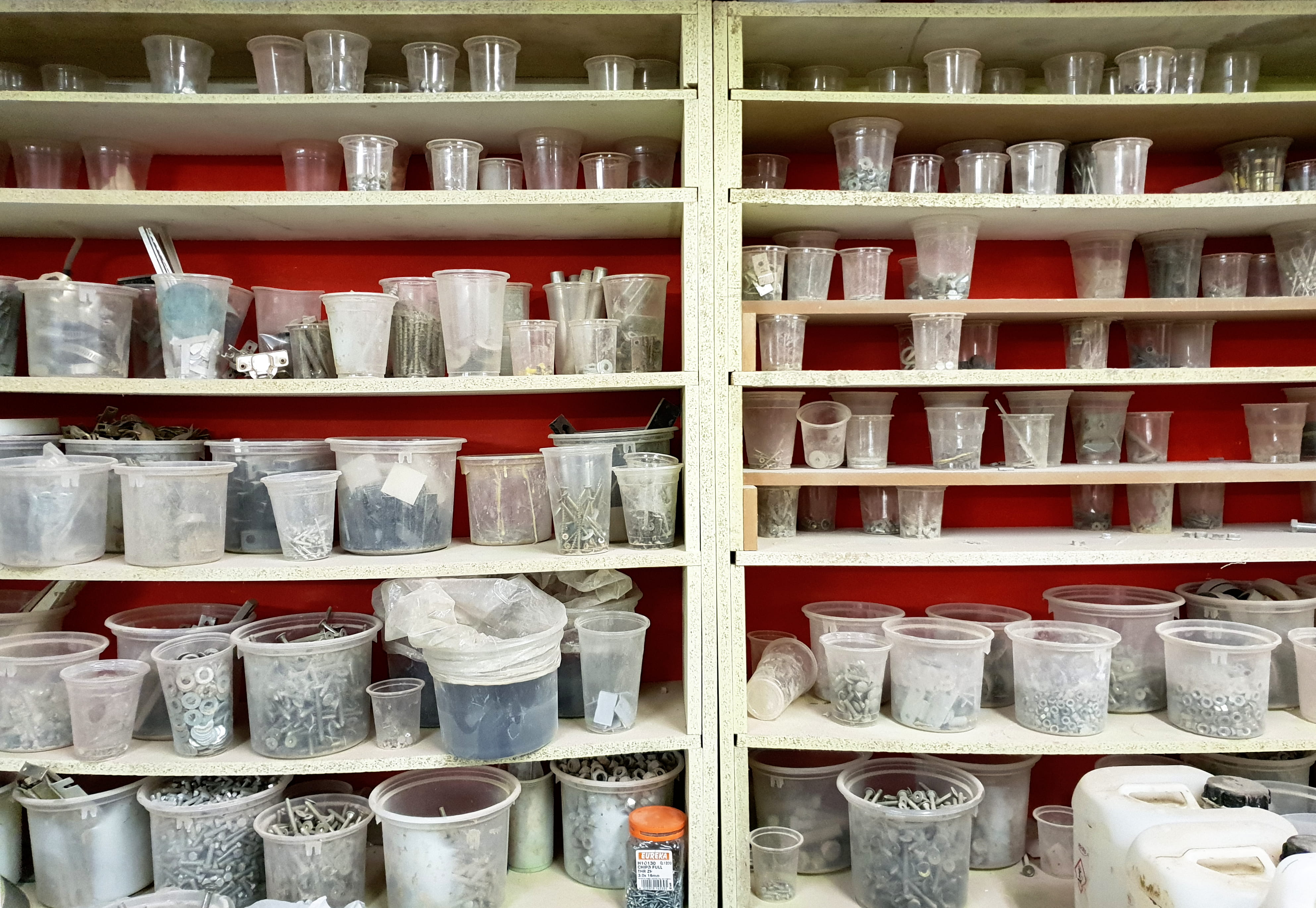 nails, clean, jars, side by side, pot, 4K, mixing bowl, crockery, screws, in a row, workshop, no people, furniture, cupboard, shelves, arrangement, full frame, HD Wallpaper
