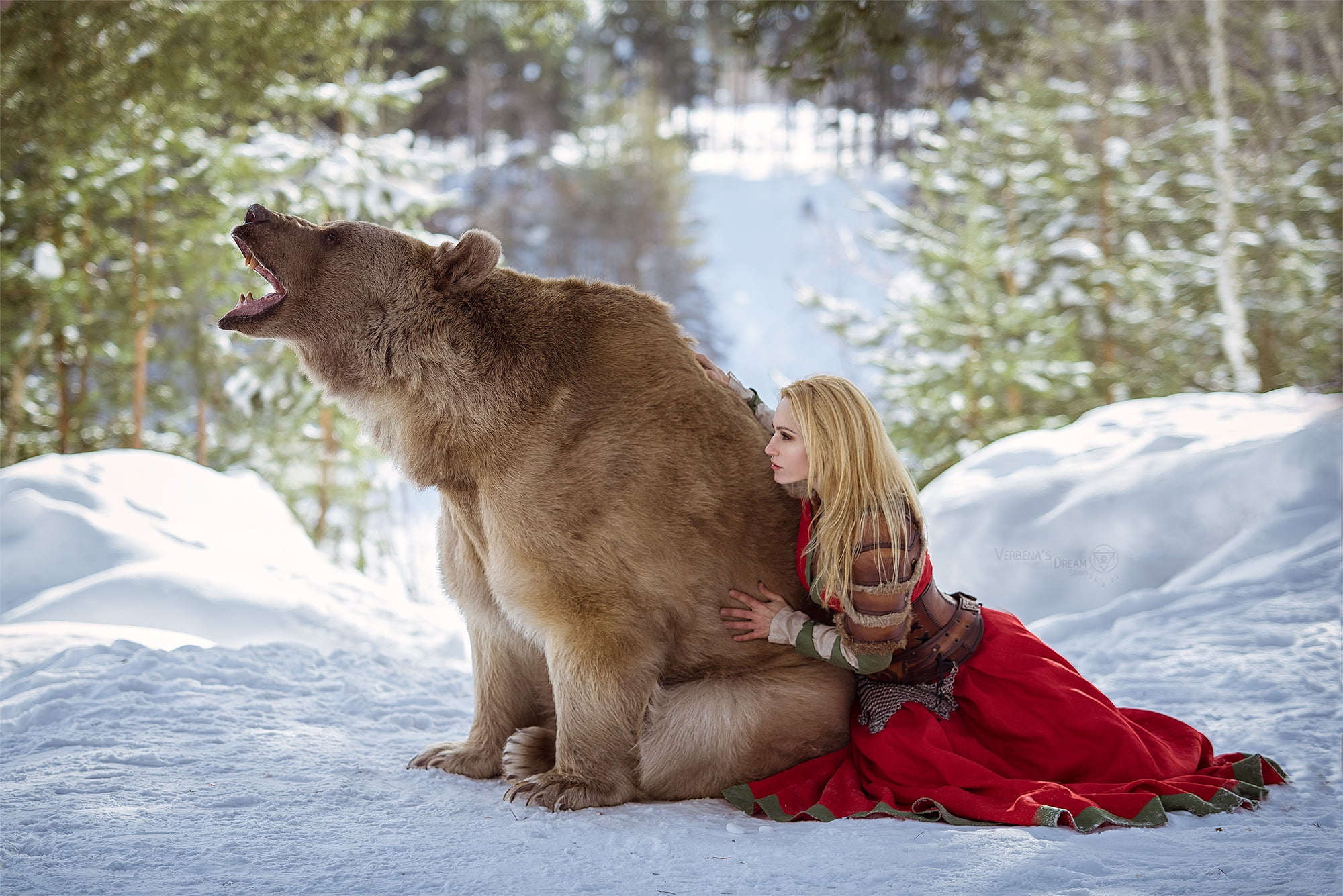 dress, forest, bears, fangs, women, photography, depth of field, cosplay, shoulder pads, corset, 1080P, snow, women outdoors, model, outdoors, blonde, HD Wallpaper