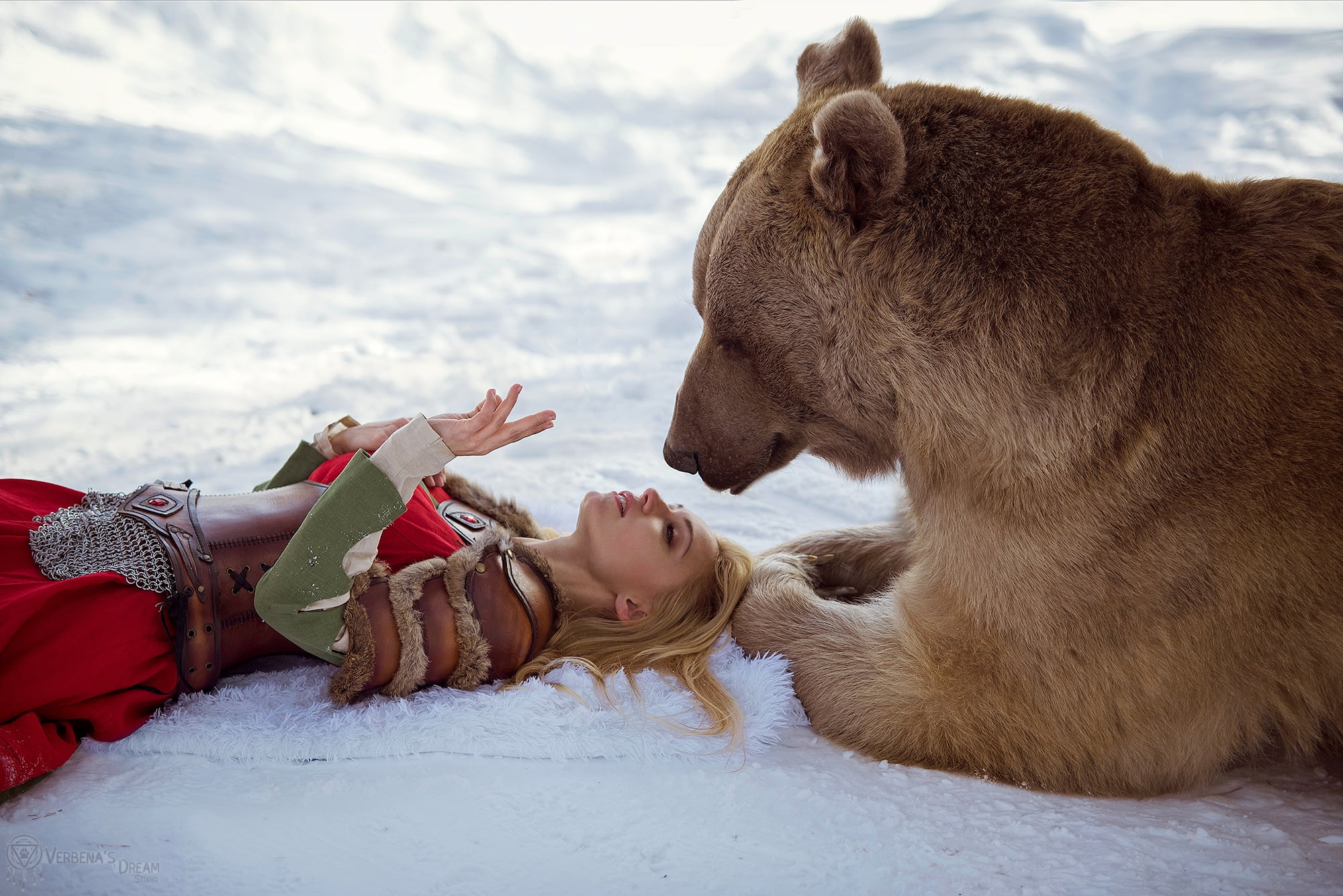 bears, fantasy girl, corset, model, red dress, animals, girl in armor, dress, women, Darya Lefler, depth of field, cosplay, lying on back, blonde, women outdoors, HD Wallpaper