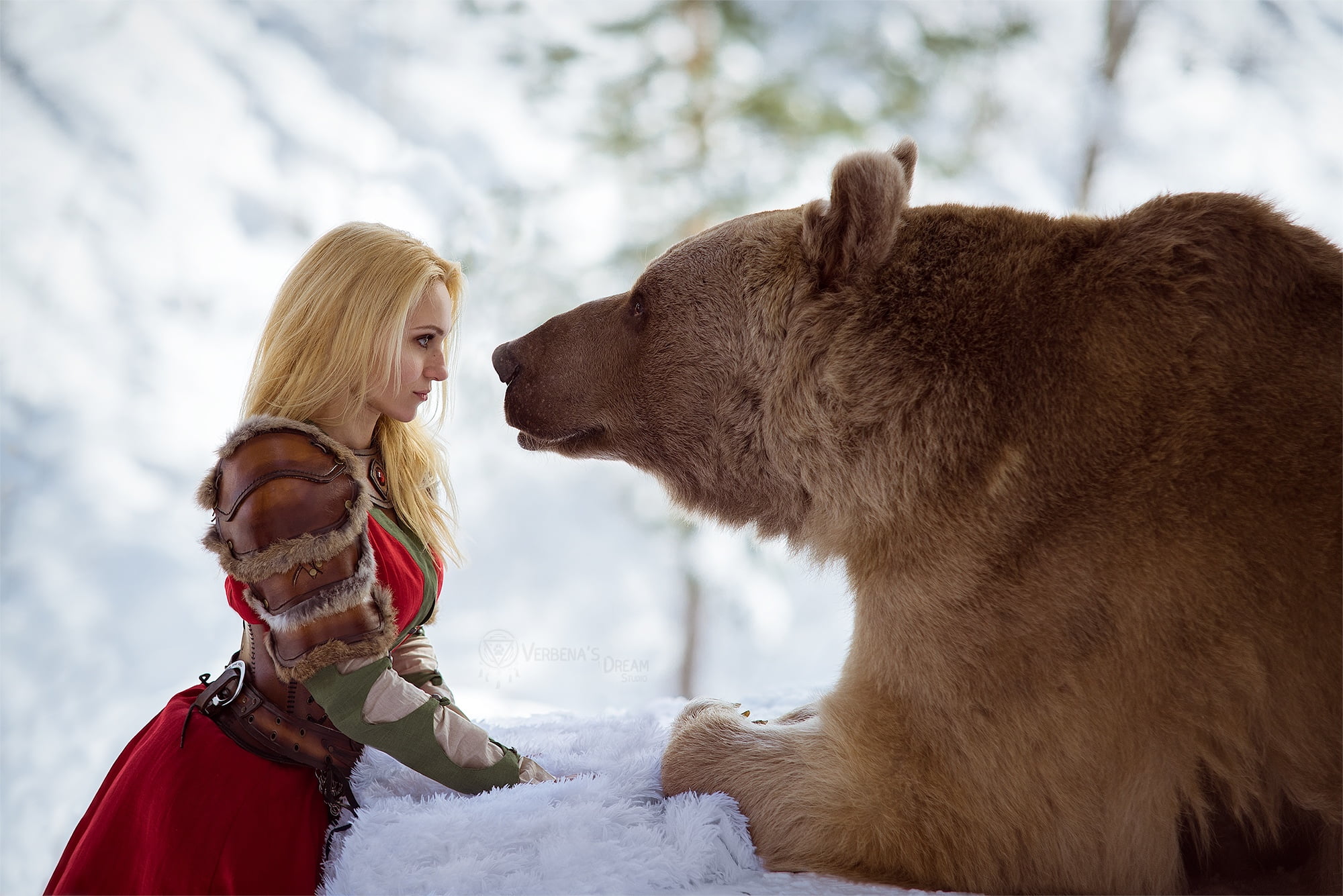 blonde, photography, snow, fantasy girl, animals, profile, women, Darya Lefler, red dress, dress, outdoors, winter, 1080P, depth of field, women outdoors, HD Wallpaper
