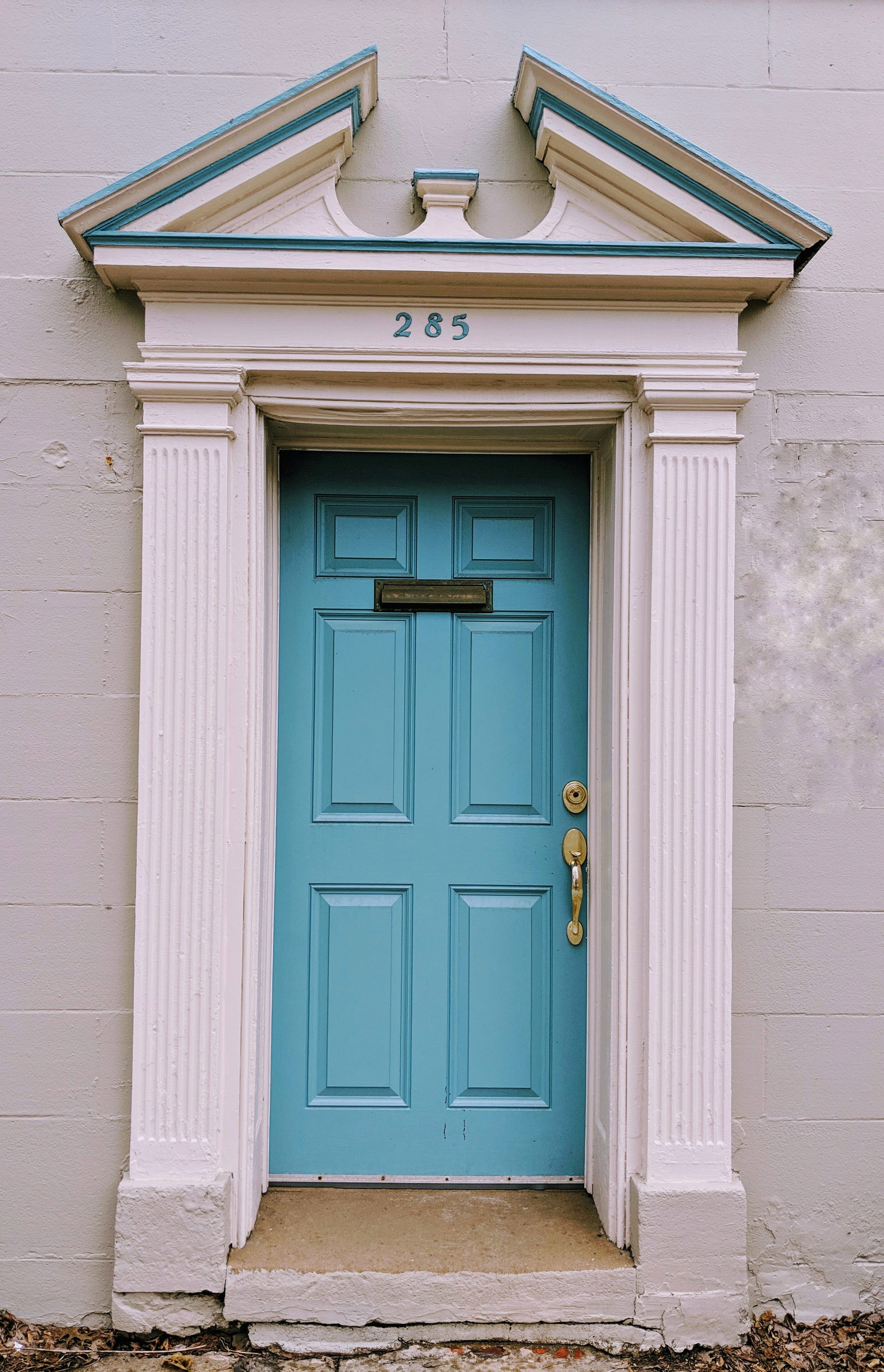 door, entrance, house, wall - building feature, vegetation, curtain, turquoise colored, folding door, architecture, shutter, brick, potted plant, safety, Phone HD Wallpaper