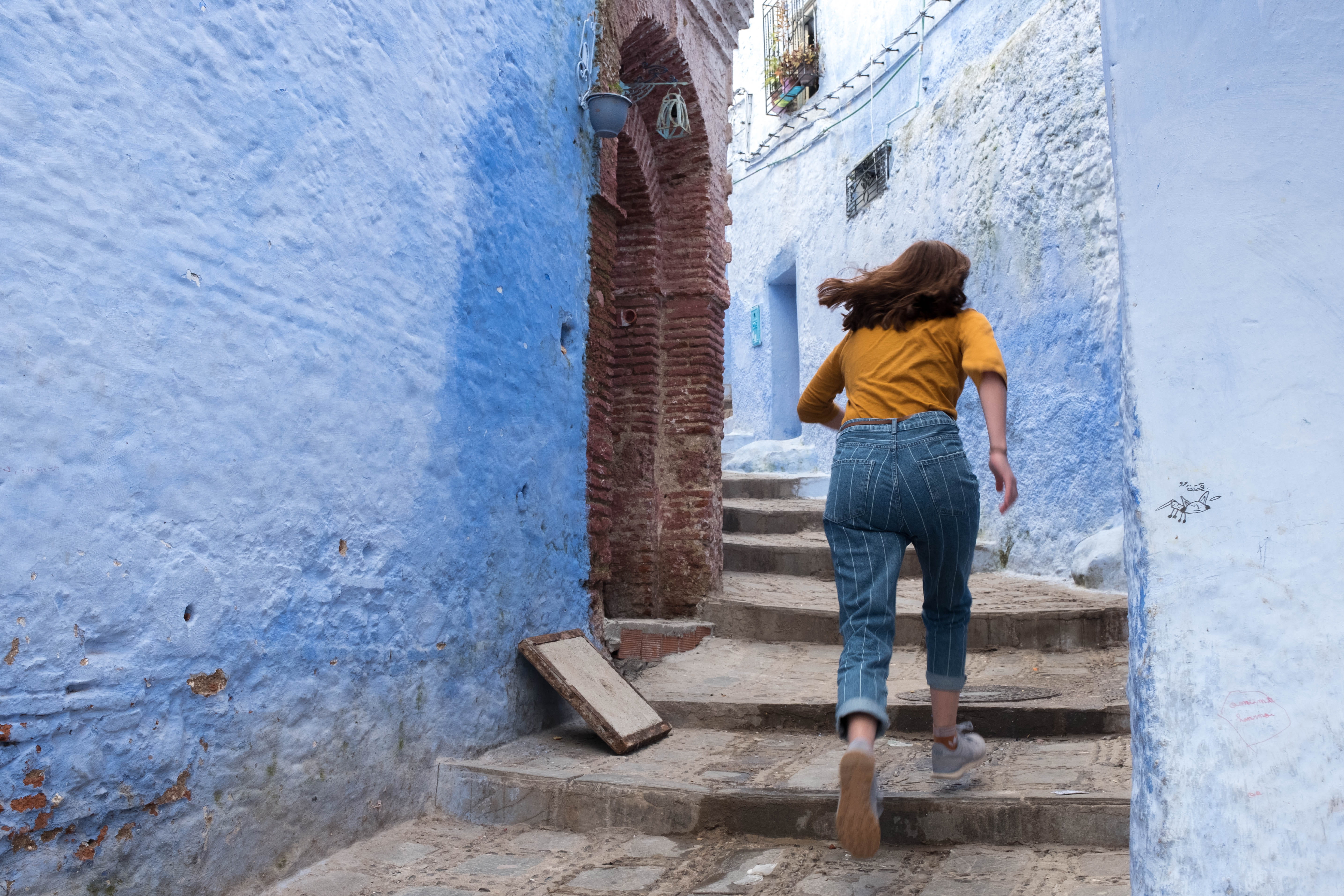 day, blur, street, travel, chefchaouen, speed, adventure, people, walking, wanderlust, leisure activity, wall, casual clothing, staircase, 5K, wall - building feature, HD Wallpaper