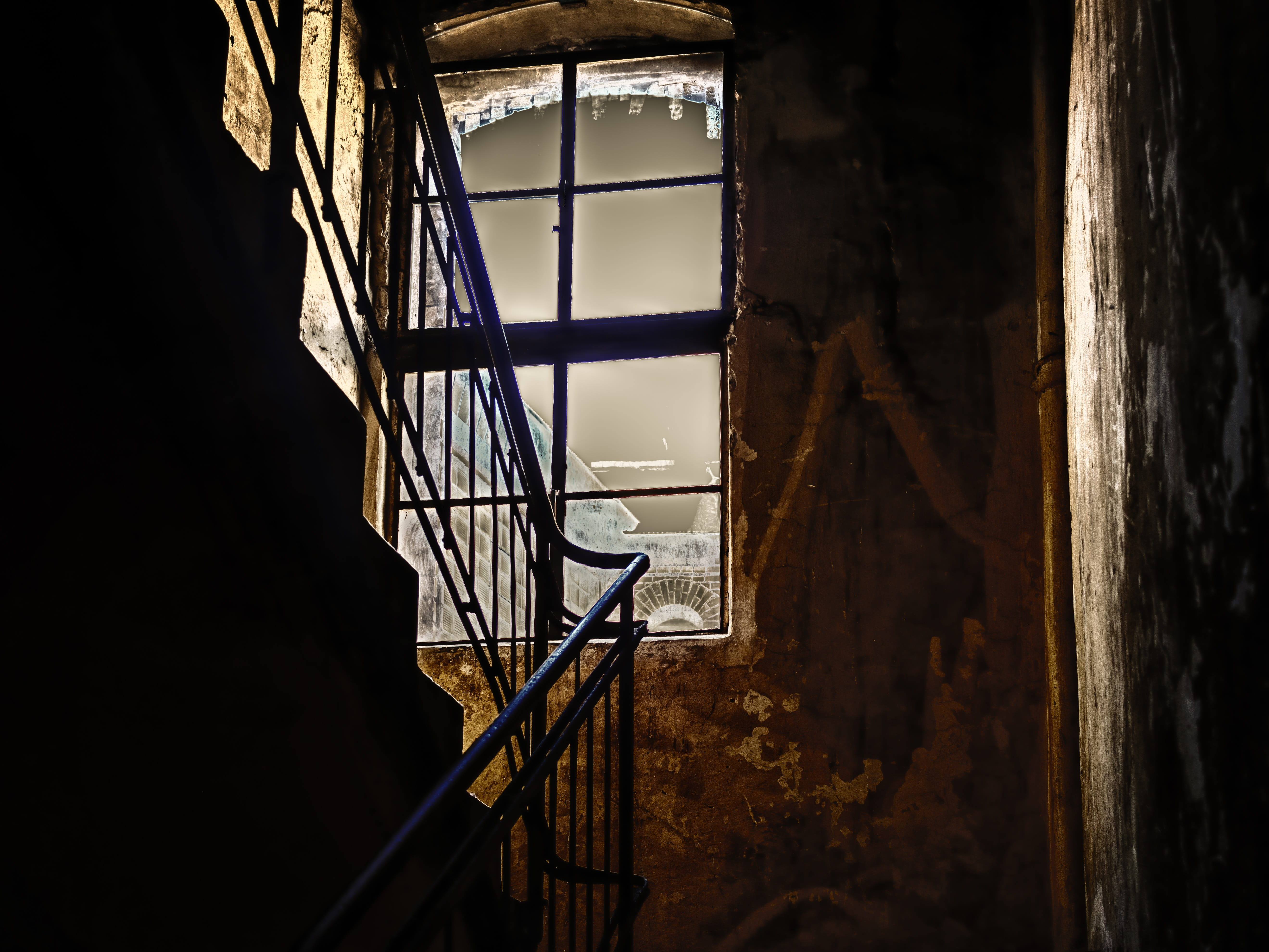 emergence, bad condition, building, old, mystical, night, hallway, abandoned, run-down, damaged, obsolete, stairs, high, atmosphere, railing, steps and staircases, HD Wallpaper