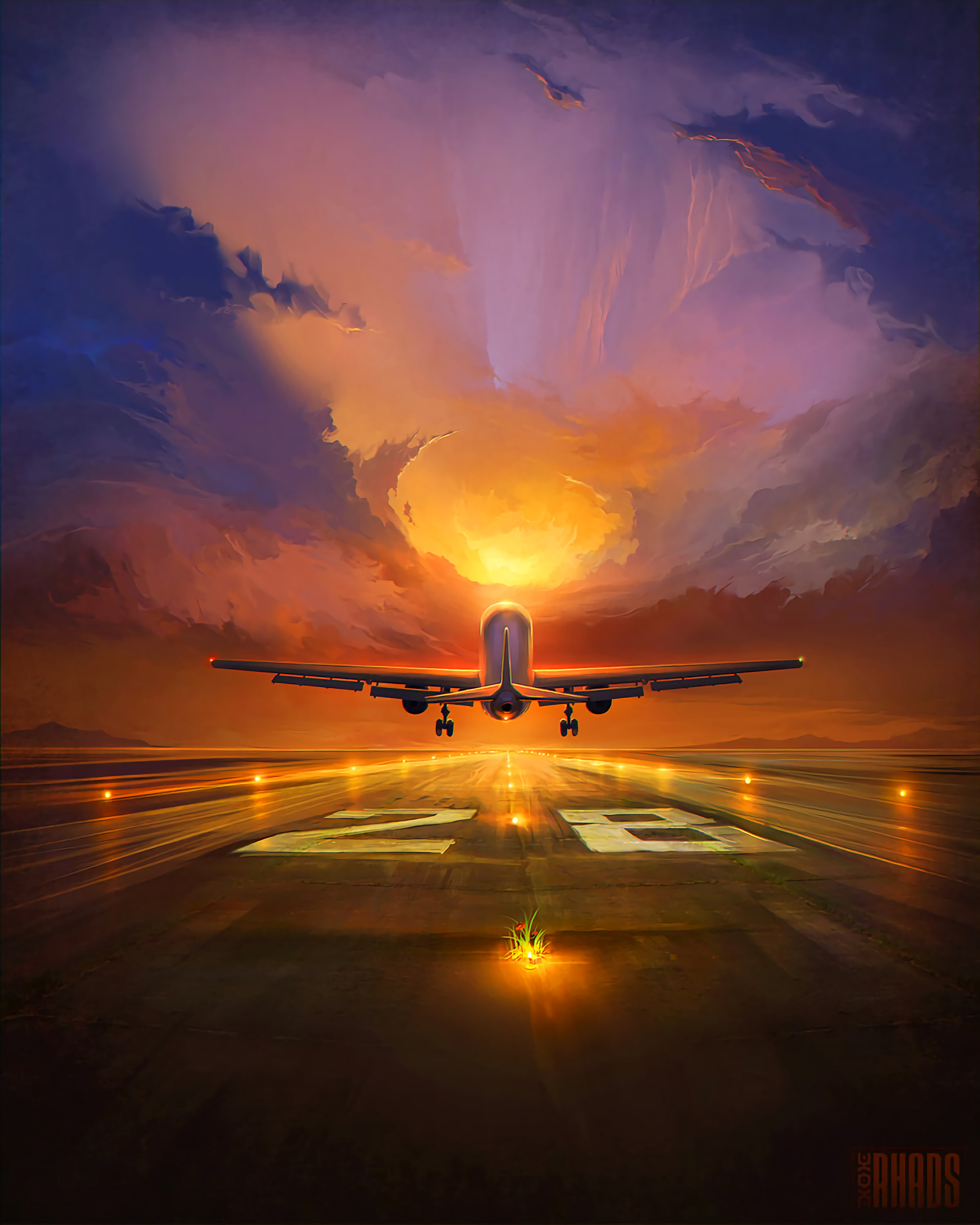 sky, sunset, 2K, art, runway, plane, Phone HD Wallpaper
