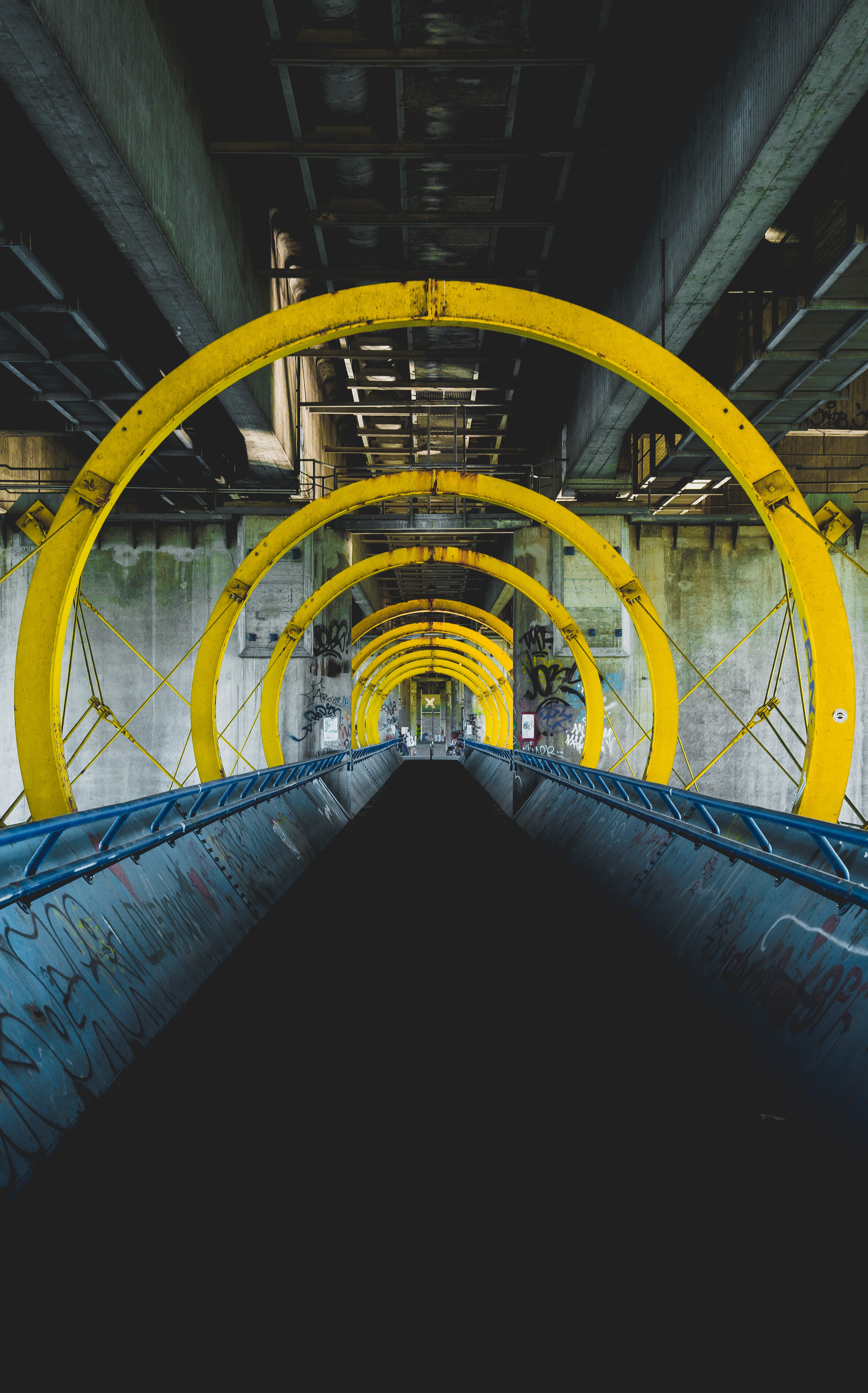 tower, architecture, tunnel, warehouse, railing, building, direction, no people, overpass, bridge - man made structure, corridor, 5K, factory, bridge, Phone HD Wallpaper