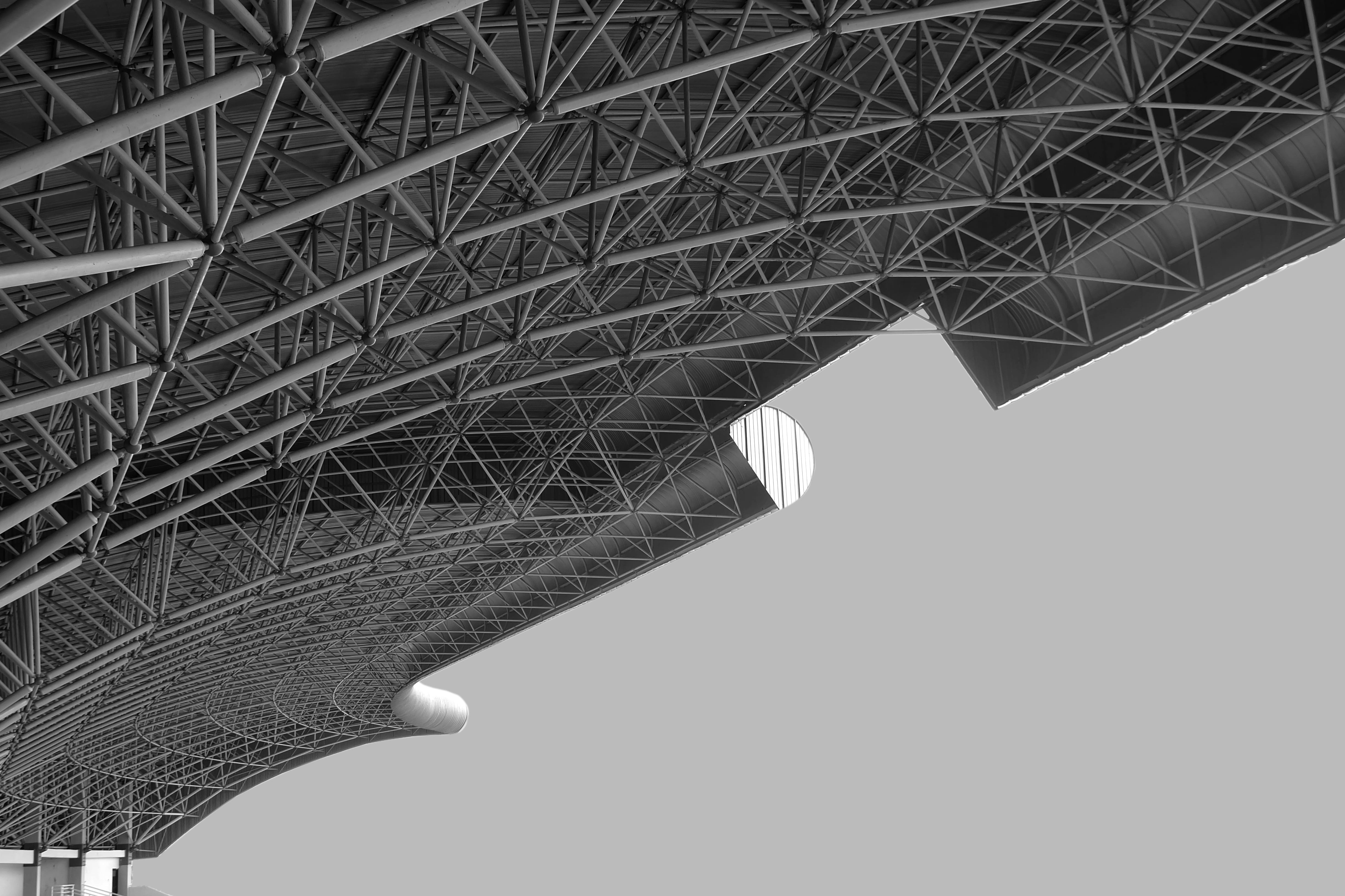 ceiling, stadium, minimal, low angle view, architectural feature, no people, building, travel destinations, day, steel, arch bridge, indonesia, building exterior, HD Wallpaper