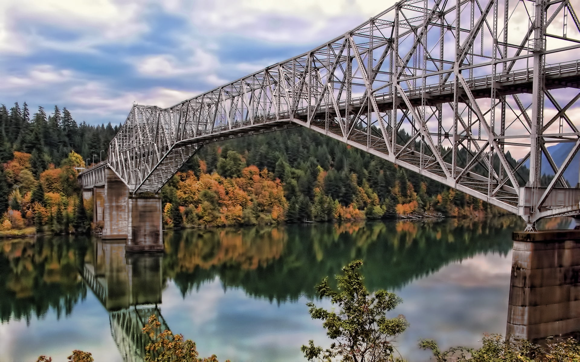 sky, autumn, railway Bridge, tree, connection, construction Industry, scenics, travel, landscape, transportation, blue, reflection, 1080P, old, arch bridge, HD Wallpaper