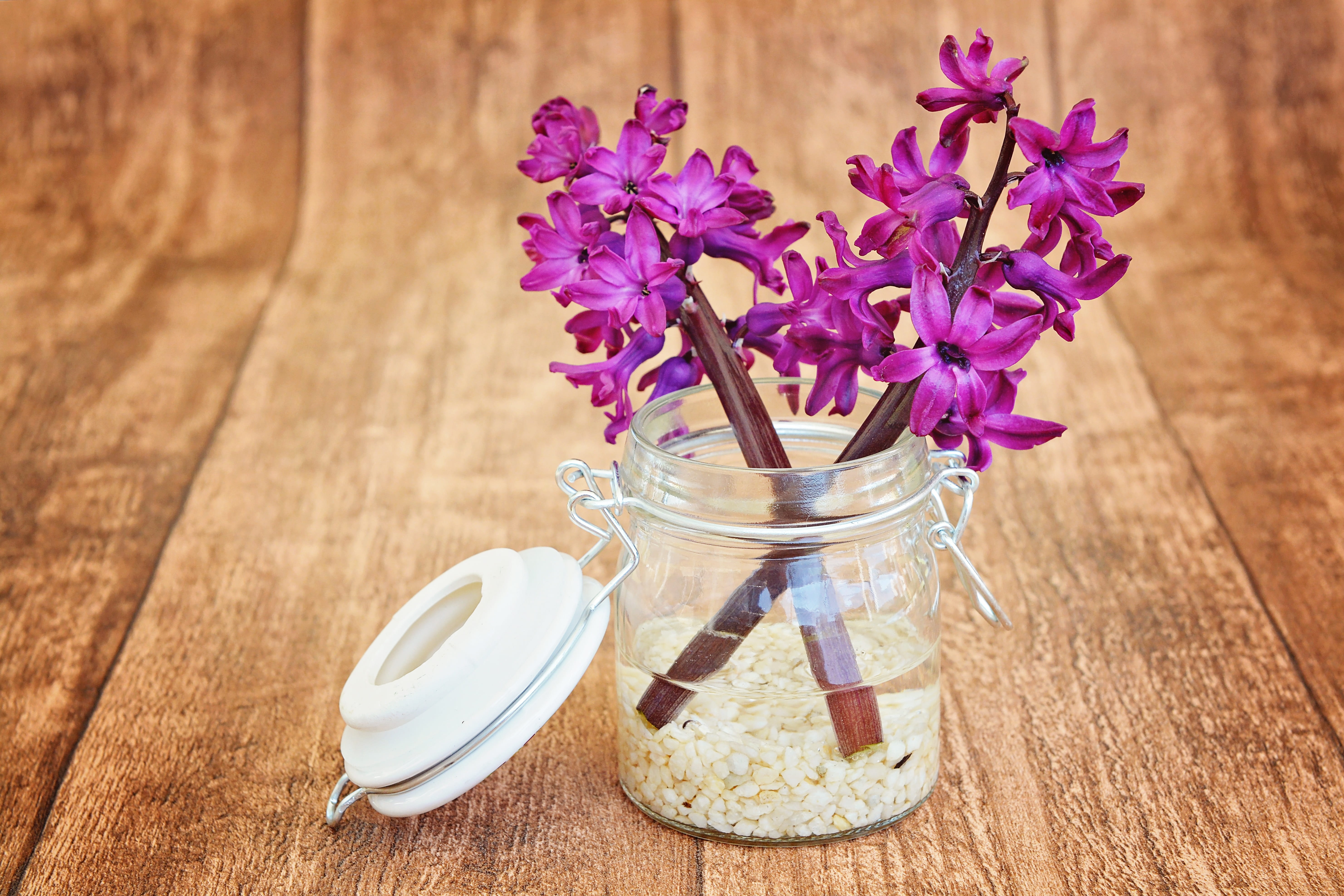 fragrant flower, fragility, flower, table, focus on foreground, flower arrangement, bouquet, wood, decorative glass, nature, vulnerability, plant, clear, HD Wallpaper