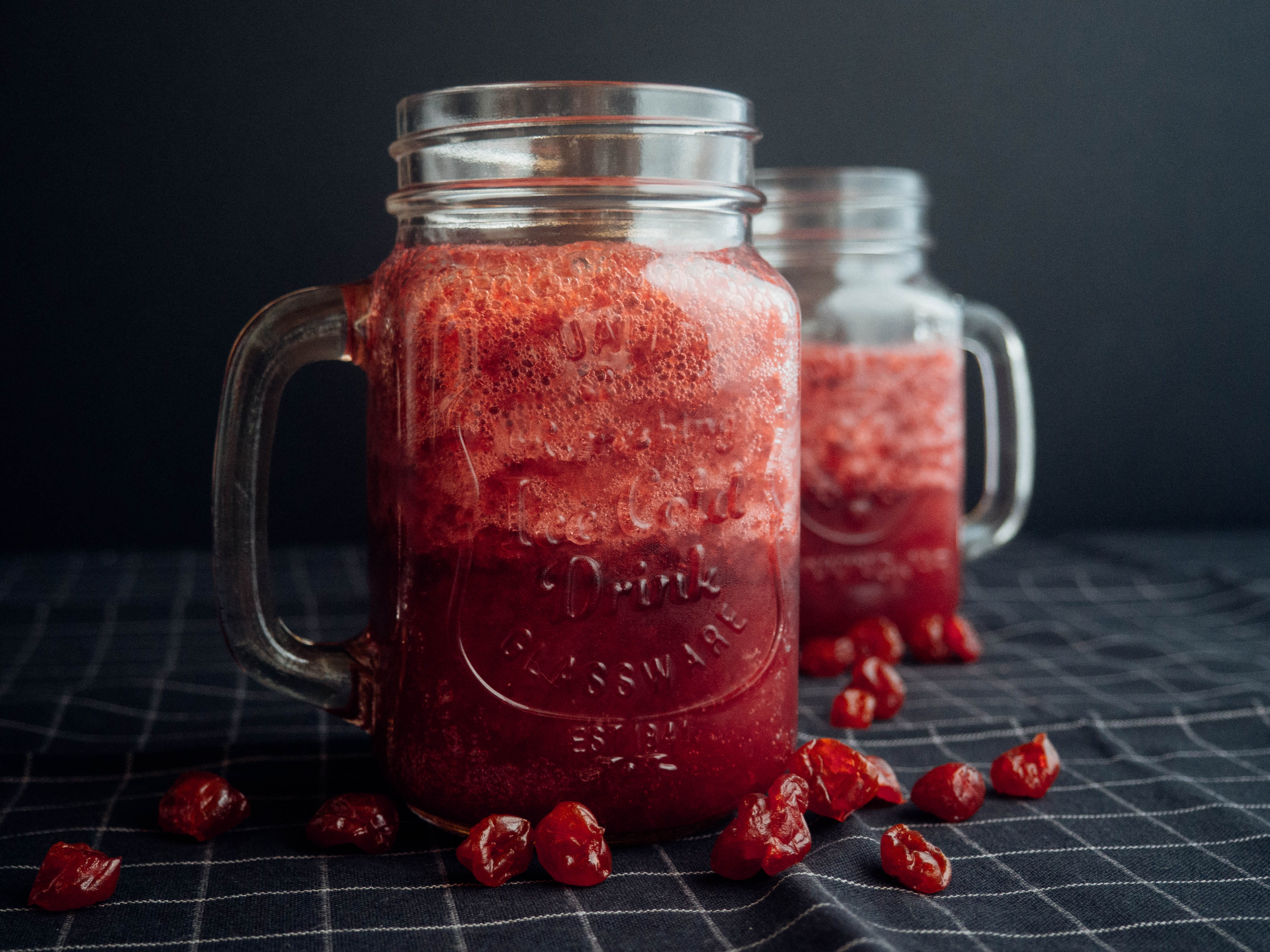 glass - material, dry, healthy eating, indoors, strawberry, studio shot, cold drink, smoothie, mug, dark, cherry, close-up, berry fruit, mason, wellbeing, HD Wallpaper