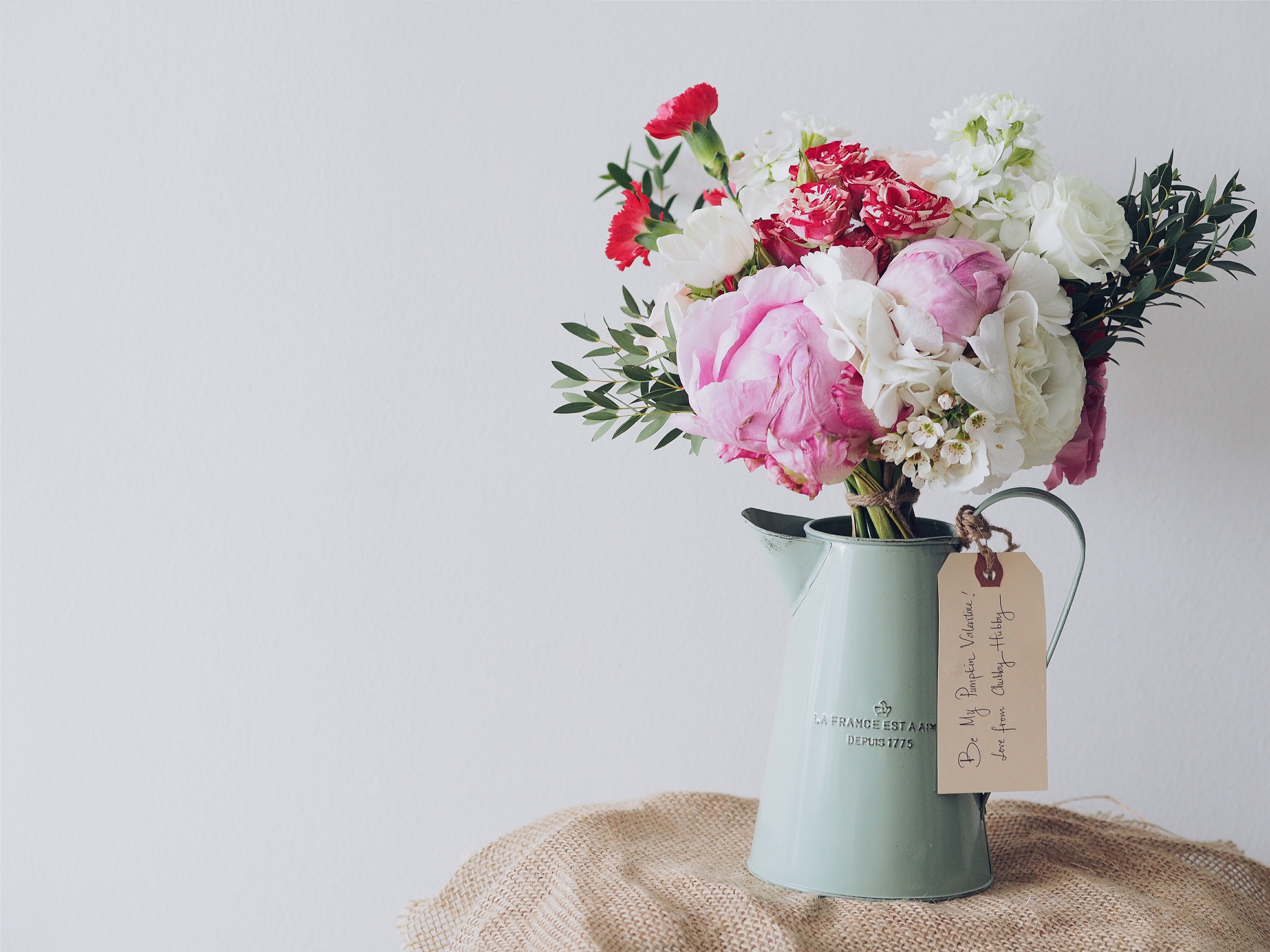 peony, metal, bouquet of flowers, fragility, airtight, softness, centerpiece, teal, vulnerability, arrangement, close-up, watering, bouquet, pitcher - jug, HD Wallpaper