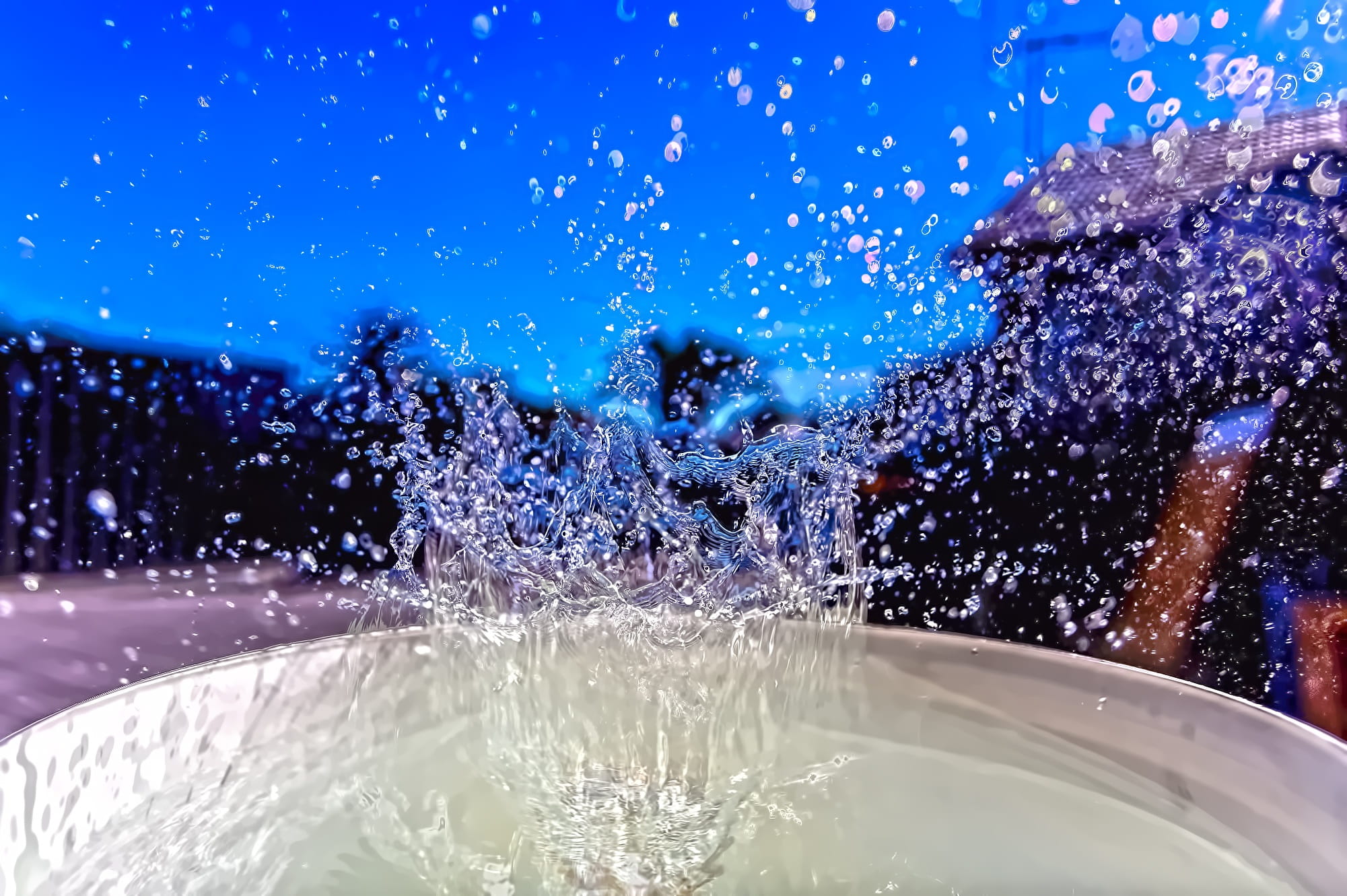 Blue, spraying, speed, Blue Sky, long exposure, fast shutter, motion, clear sky, close-up, gary pore, blue, activity, water, fountain, flowing water, outdoors, HD Wallpaper