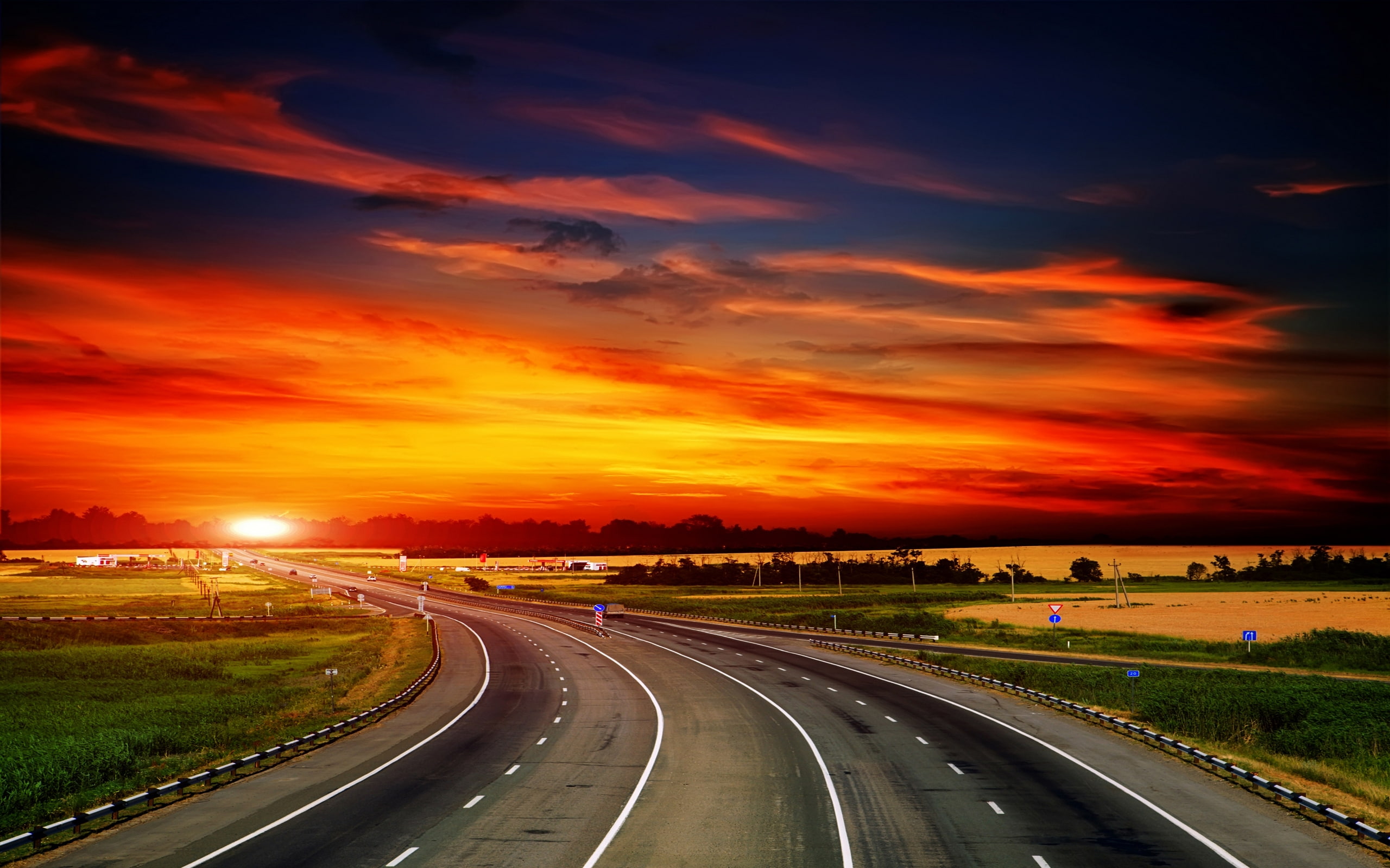 clouds, way, highway, 2K, sky, motorway, sunset, night, HD Wallpaper