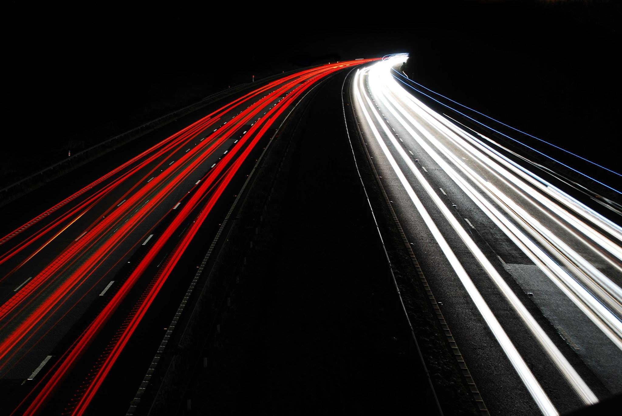 black background, light trail, transportation, time, highway, motor vehicle, dark, traffic, road, long exposure, 1080P, car, blurred motion, light trails, HD Wallpaper