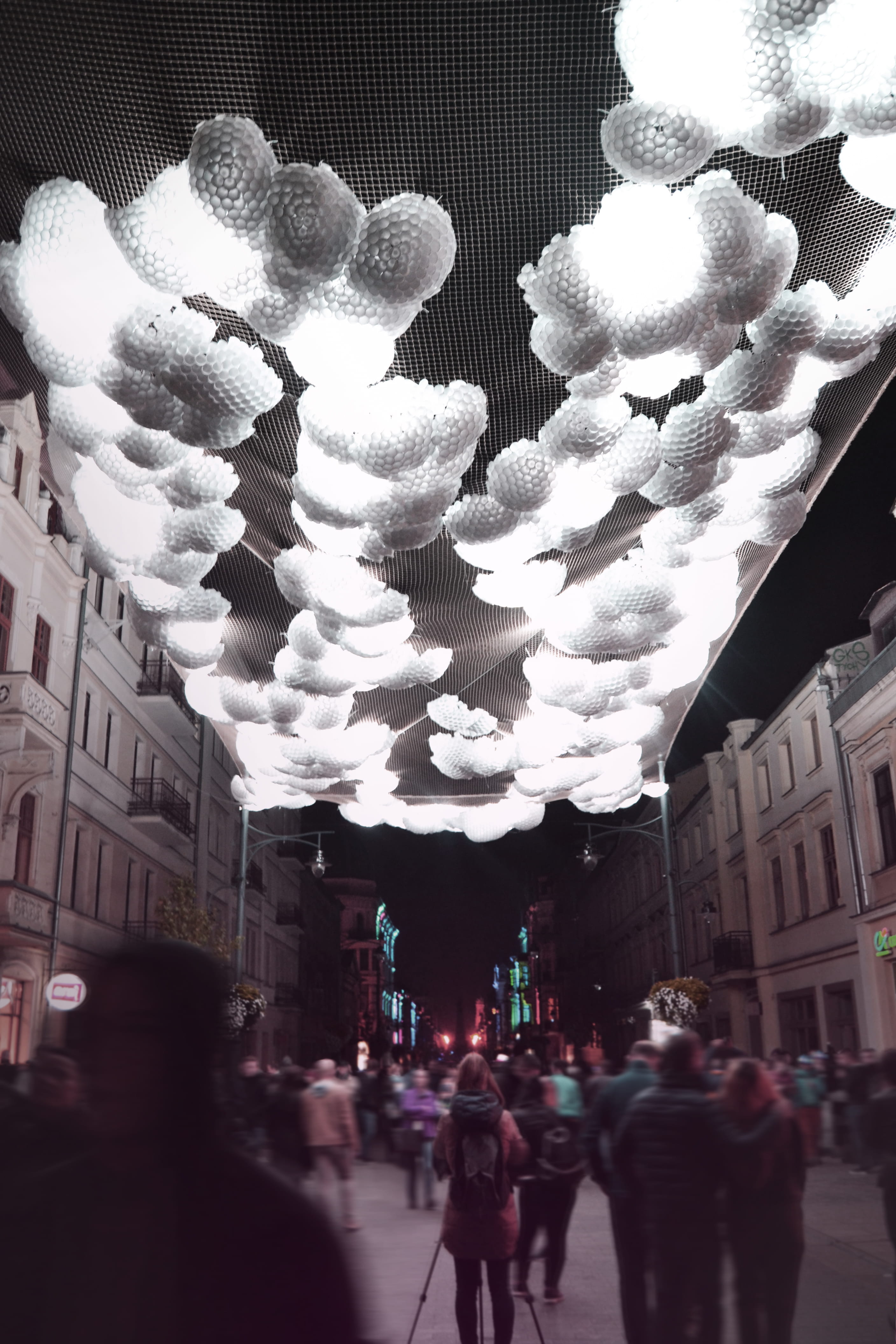 instalation, darkness, adult, styrofoam, real people, building, łódź, celebration, people, lighting equipment, walking, piotrkowska street, built structure, Phone HD Wallpaper