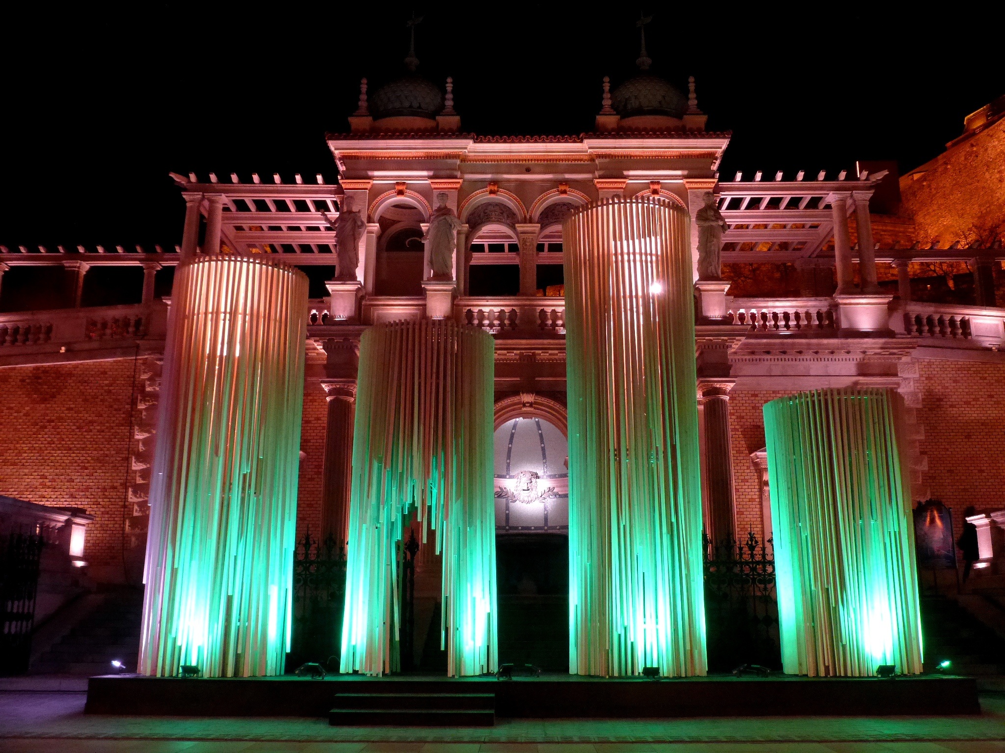 1080P, night, installation, entrance, in the evening, budapest, facade, colonnade, no people, travel, tourism, outdoors, built structure, light, sky, low angle view, HD Wallpaper