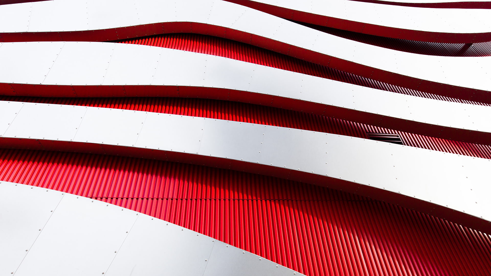 red, architecture, white, 1080P, metal, Petersen Automotive Museum, HD Wallpaper