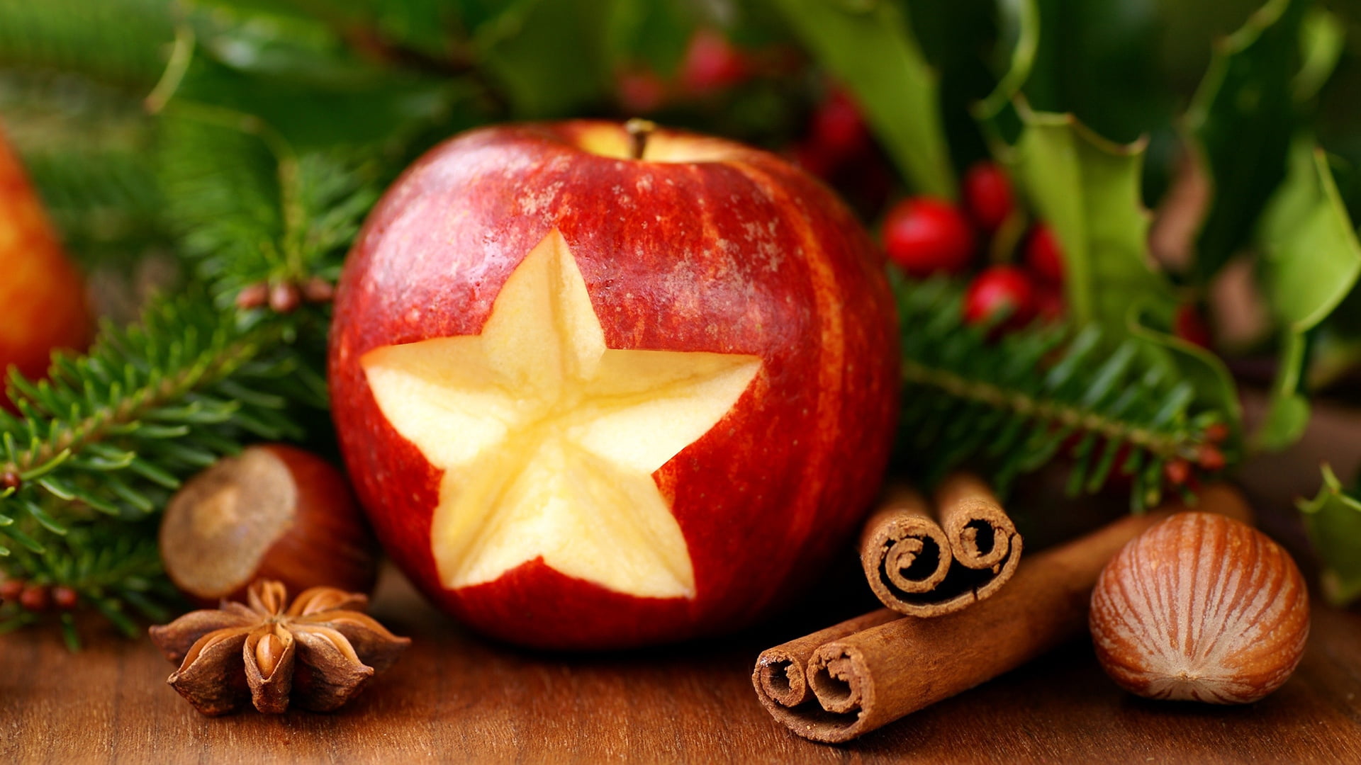 christmas decoration, brown, food, ingredient, red, celebration, tree, star shape, two, fruit, christmas, indoors, table, organic, decoration, gourmet, HD Wallpaper