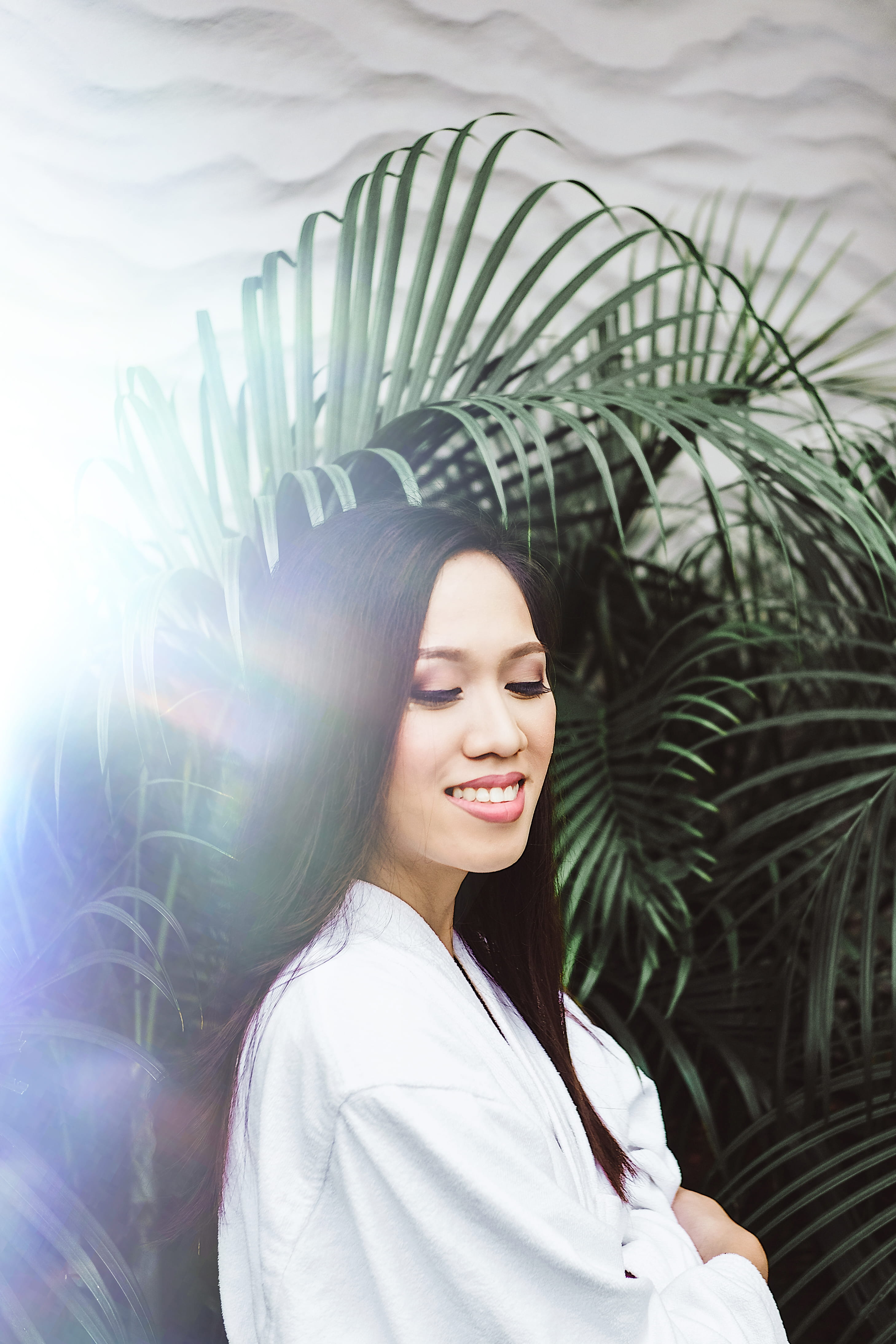 confidence, carefree, 4K, one Person, caucasian Ethnicity, white robe, enjoyment, copy Space, sunlight, plant, happiness, fashion, prism light leak, looking, Phone HD Wallpaper