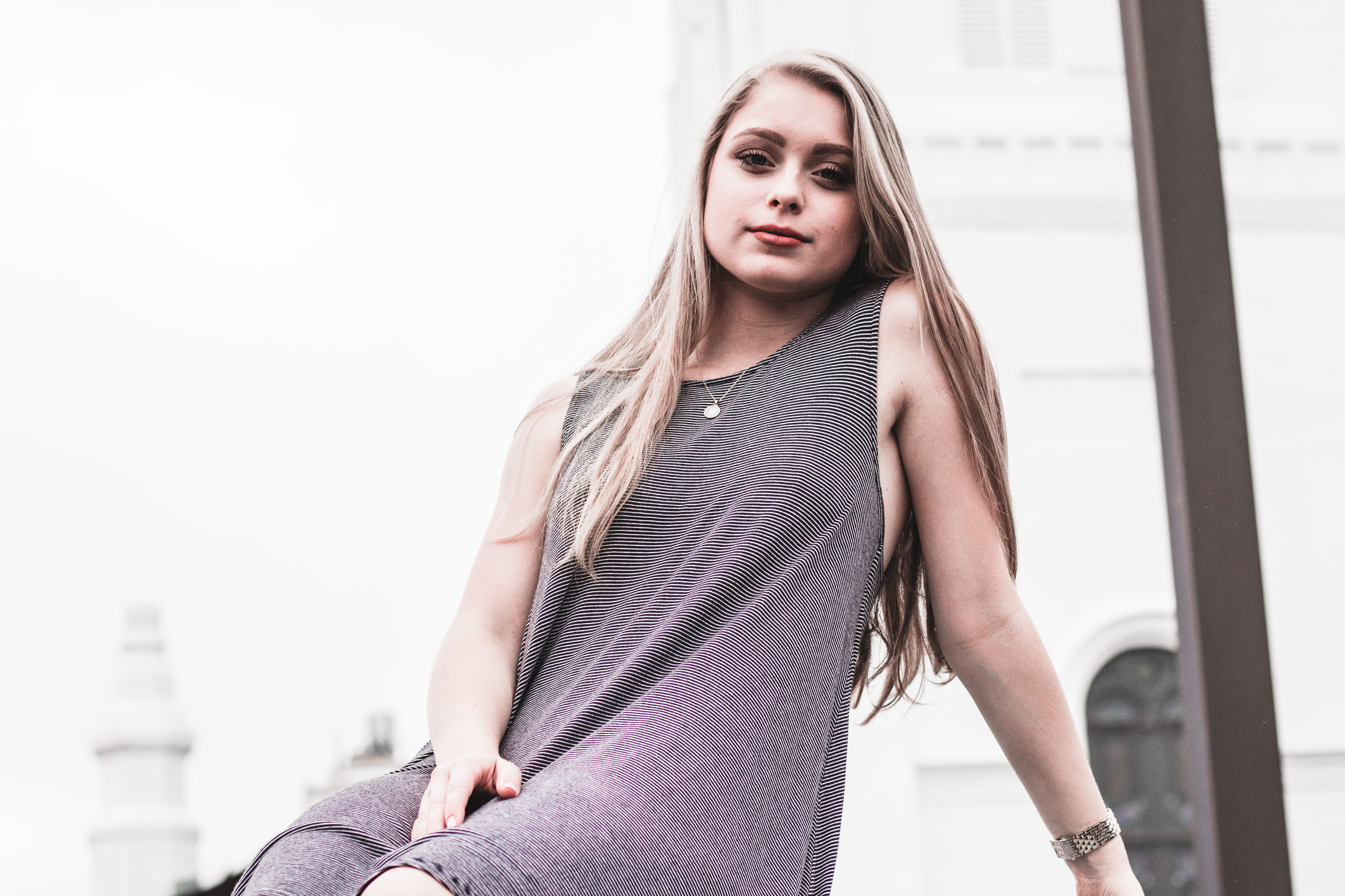 beautiful woman, young Women, front view, day, blonde, pillar, watch, woman, people, looking at camera, caucasian Ethnicity, dress, boat-neck, one Person, HD Wallpaper