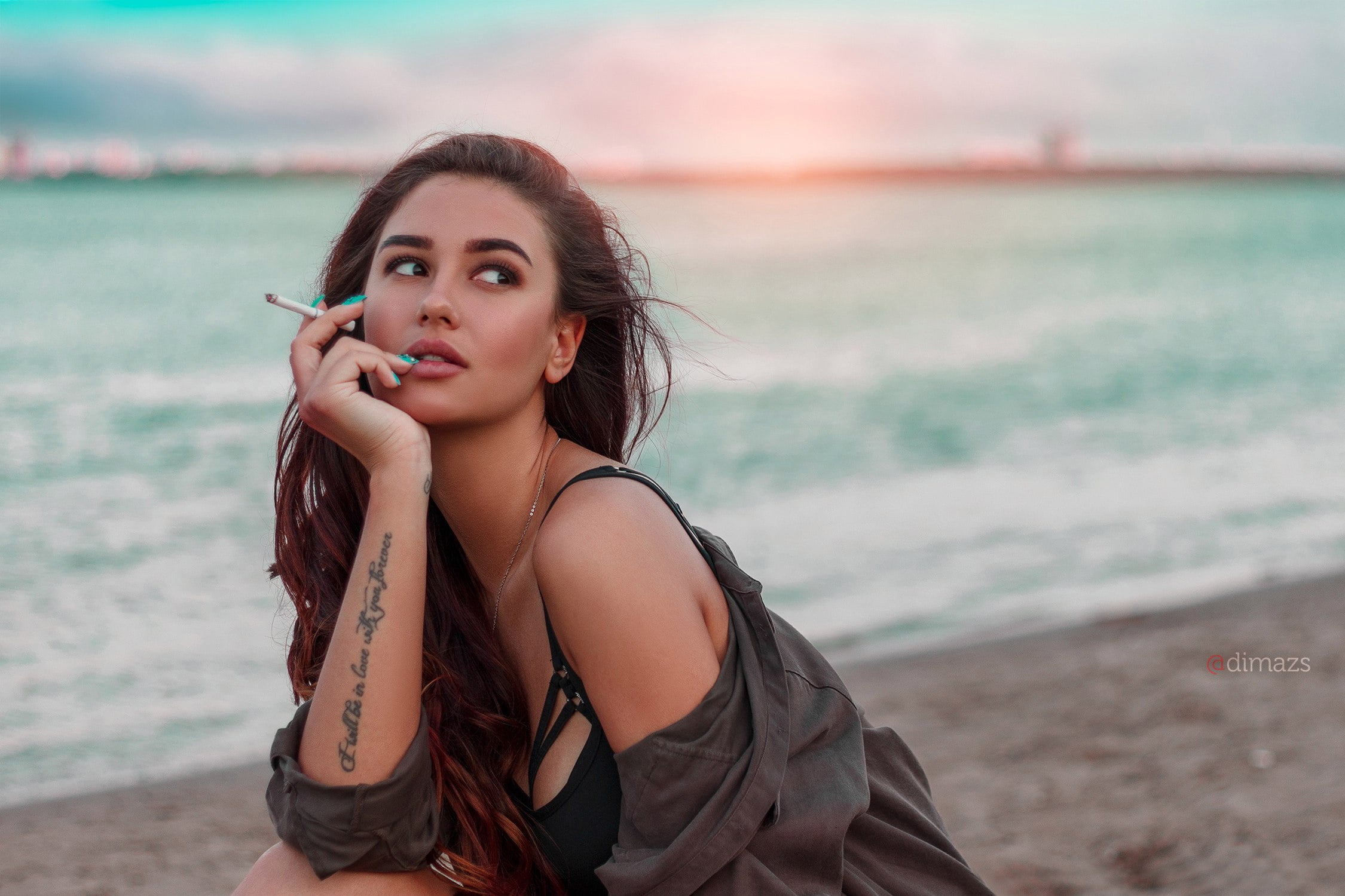 one person, outdoors, hair, focus on foreground, adult, looking at camera, black bras, beautiful woman, long hair, cigarettes, face, sea, fashion, smoking, HD Wallpaper