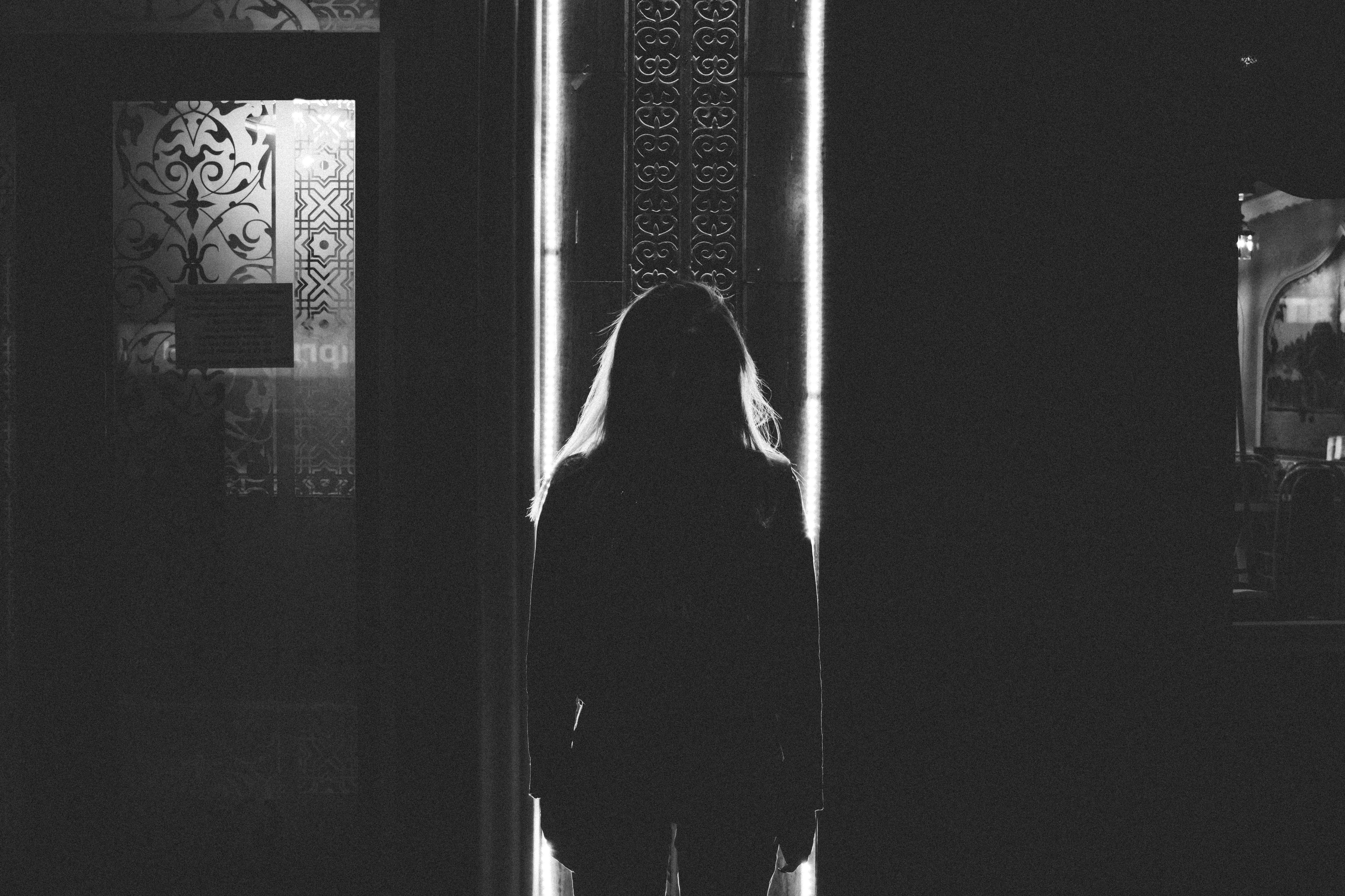 5K, door, standing, near, black and white, woman, men, city Life, silhouette, dark, room, night, black, one Person, girl, person, women, people, inside, HD Wallpaper