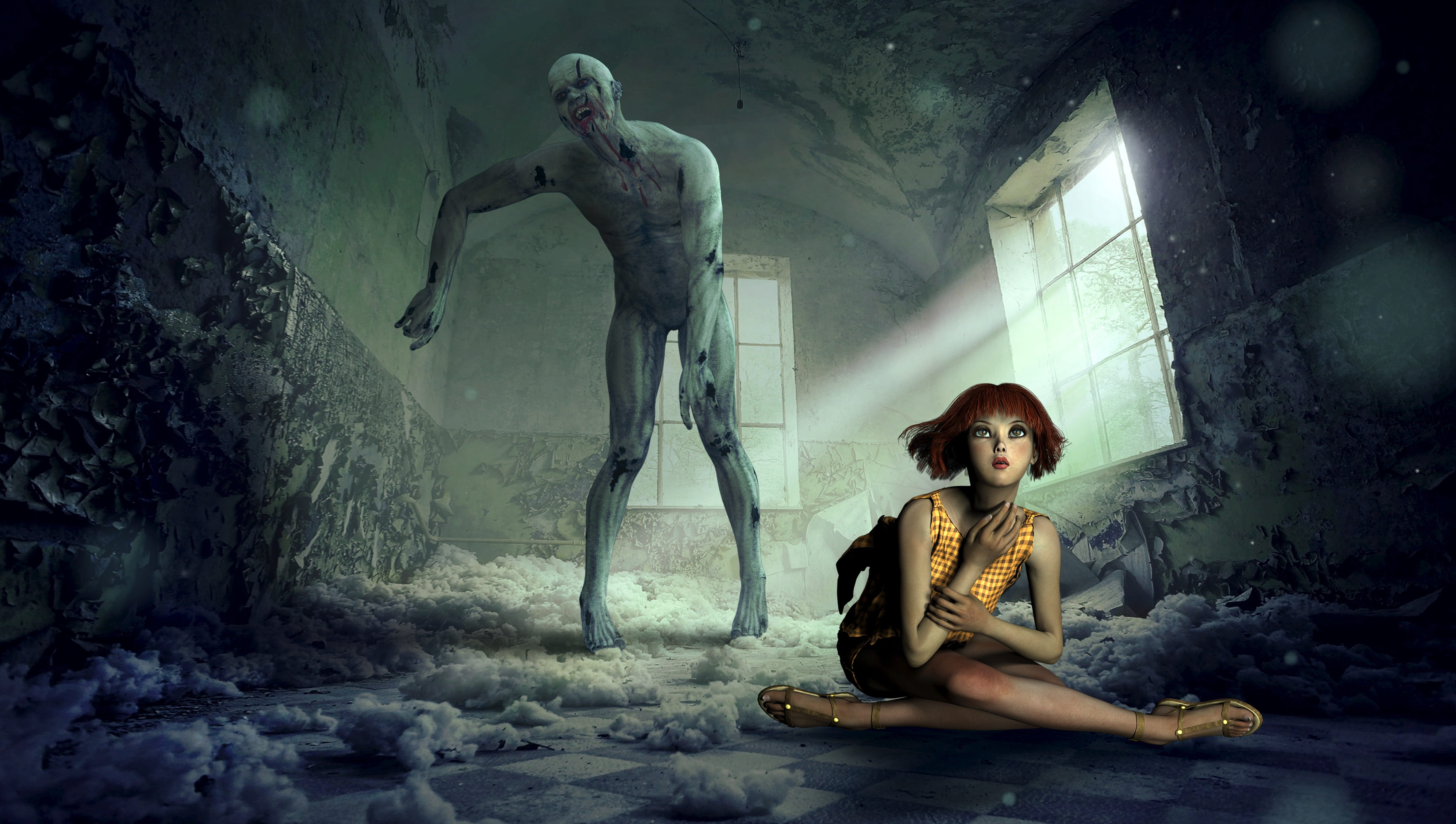 chamber, bizarre, fear, gray, creepy, one person, zombie, nightmare, surreal, looking at camera, ceramic, emotion, fantastic, photo montage, lighting, representation, HD Wallpaper