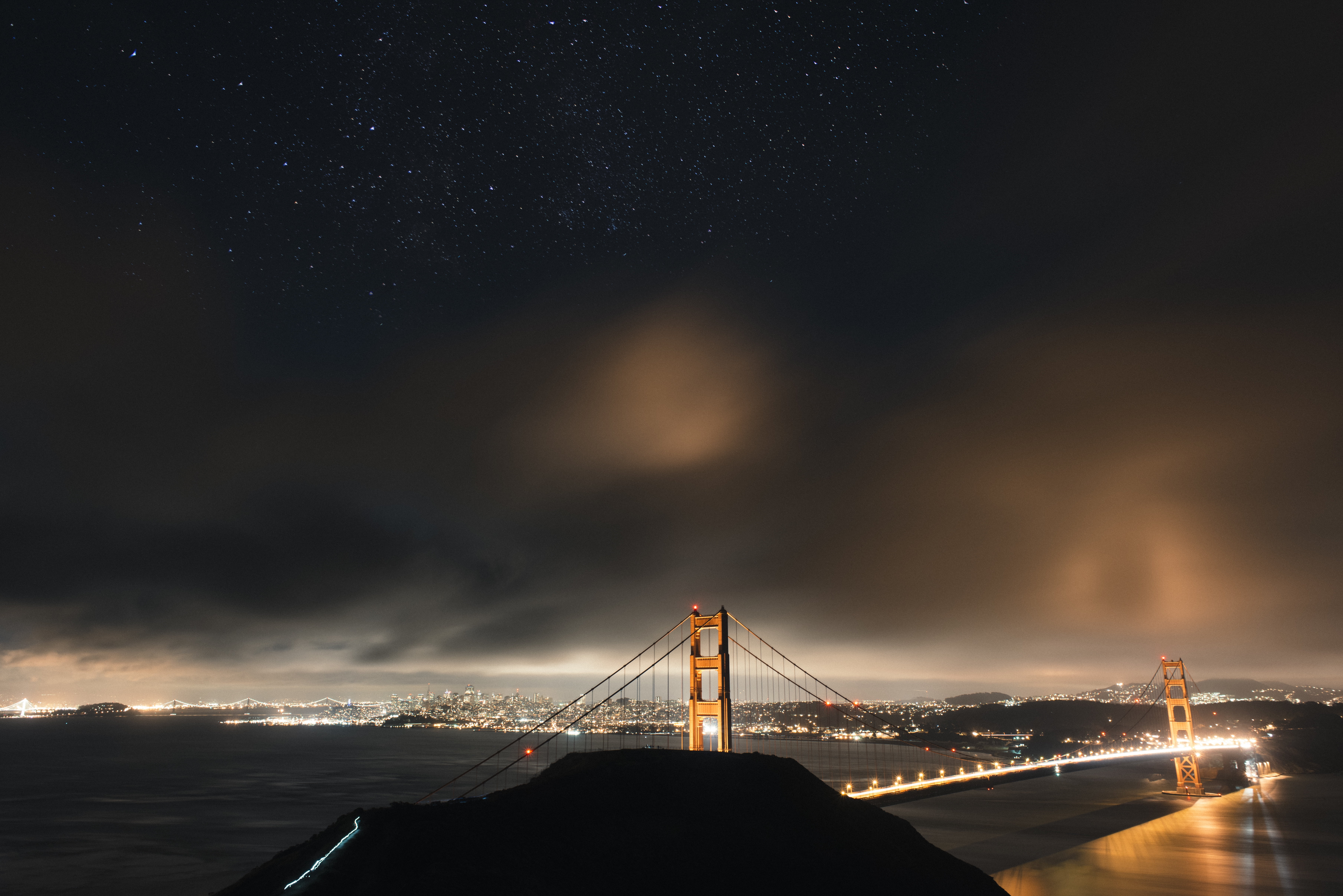 dim, 5K, travel destinations, Golden Gate Bridge, state, sky, transportation, tourism, bridge - man made structure, golden, long exposure, cloud - sky, HD Wallpaper