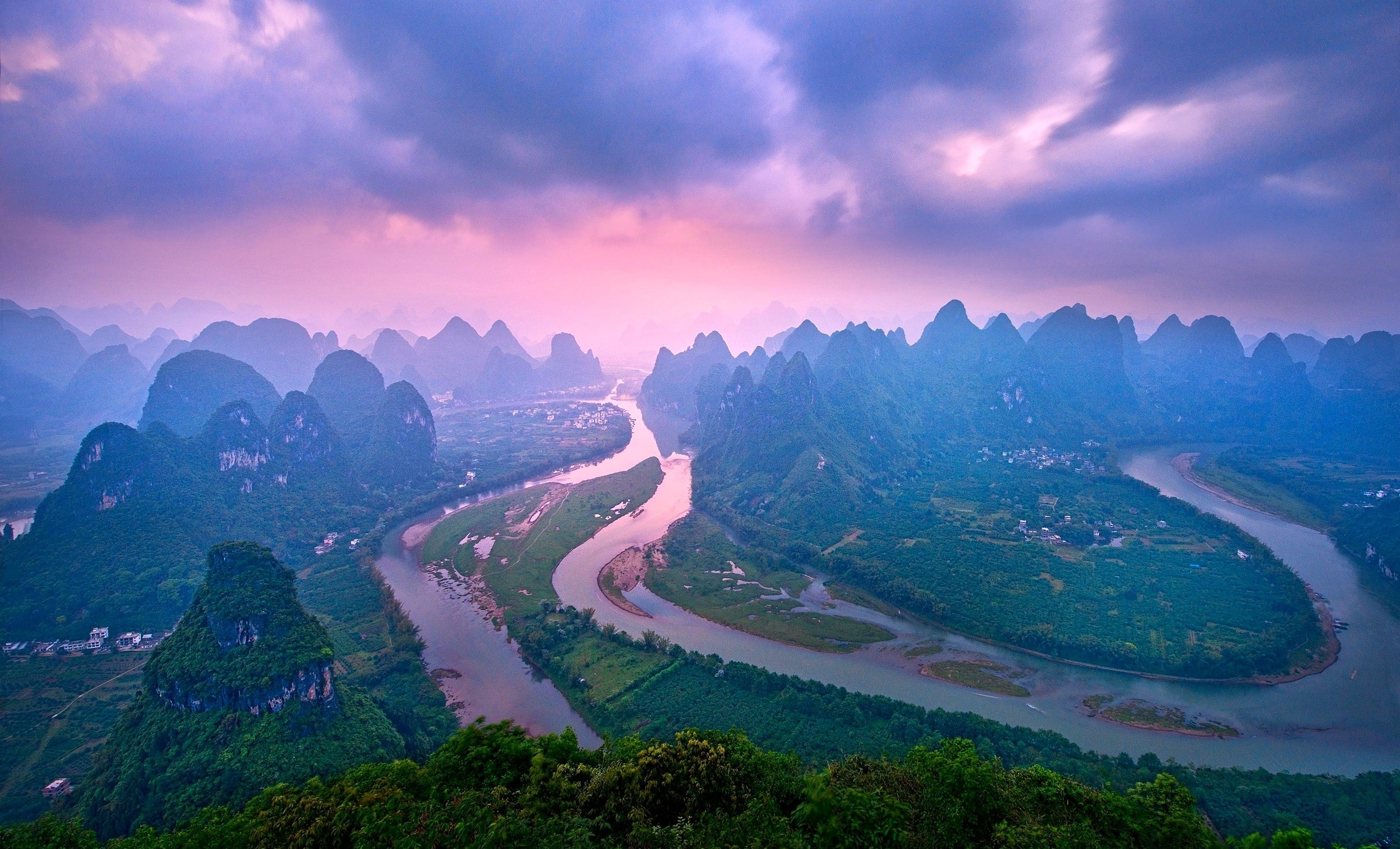 landscape, sunset, river, mountains, nature, clouds, China, town, green, forest, 1080P, panoramas, HD Wallpaper
