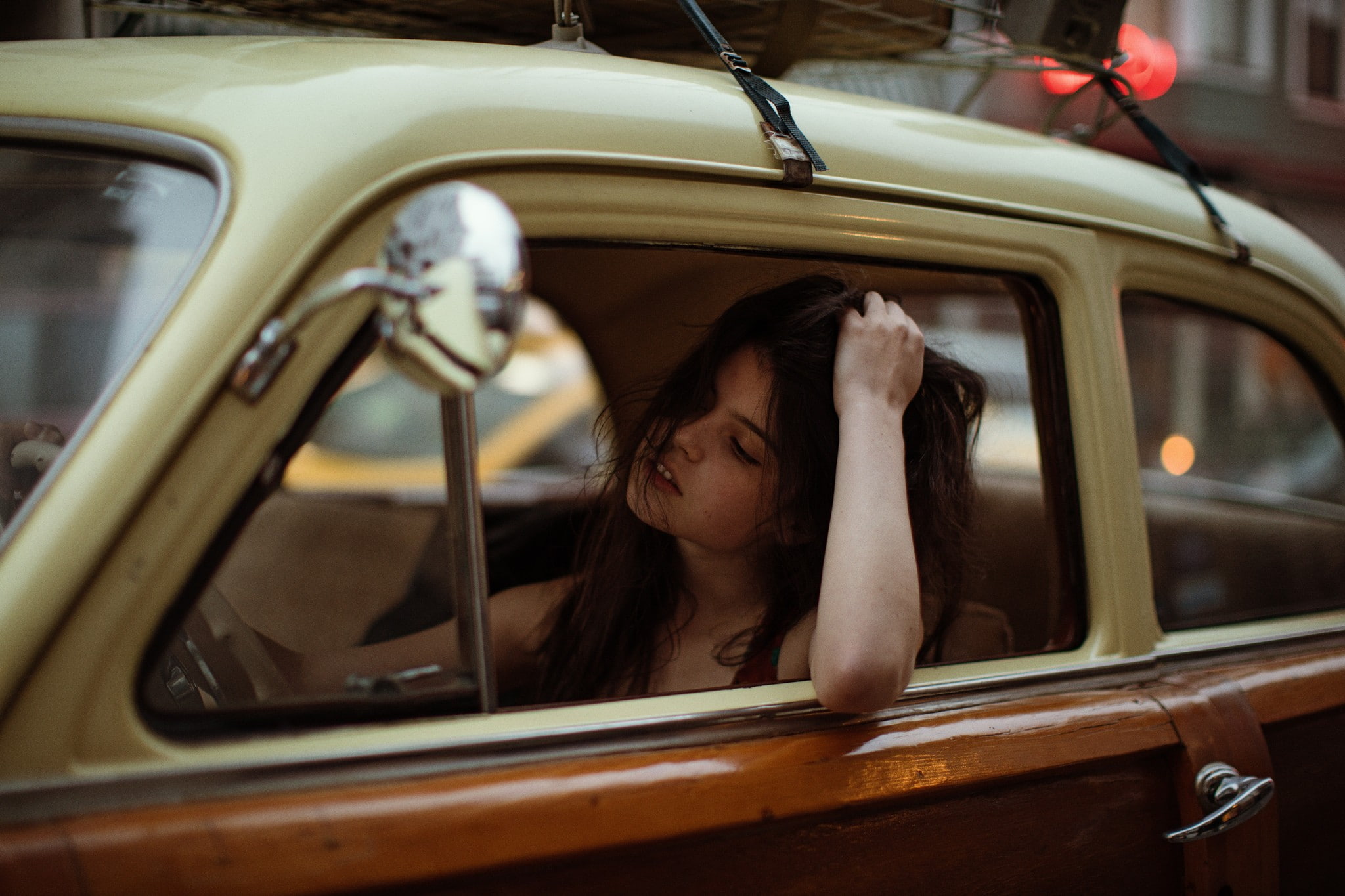 Raluca Vlad, hands on head, car, women, Jesse Herzog, portrait, 1080P, sitting, HD Wallpaper