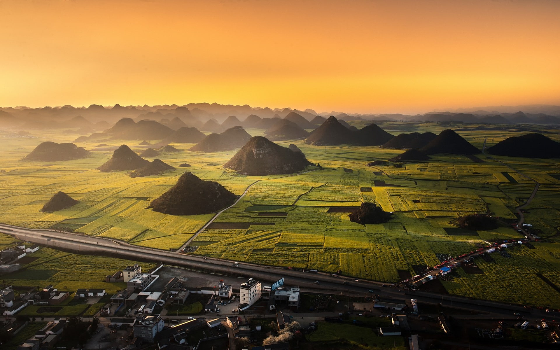 aerial view, landscape, 1080P, highway, mist, mountains, nature, town, field, China, HD Wallpaper