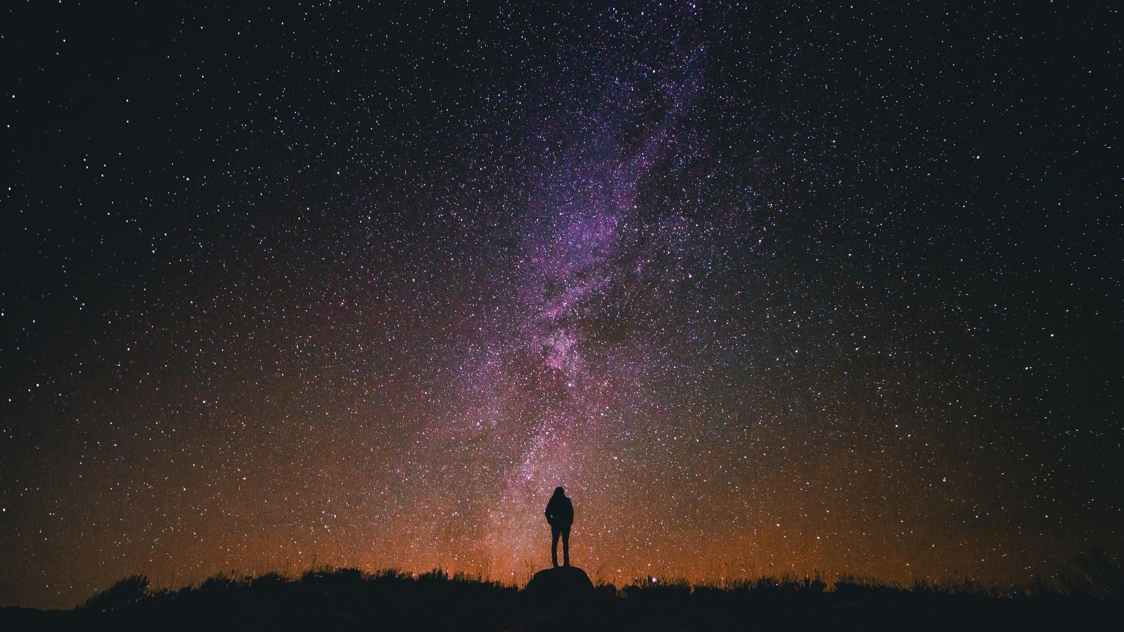 man, stars, horizon, life, 4K, landscape, sky, night, dark, silhouette, light, HD Wallpaper