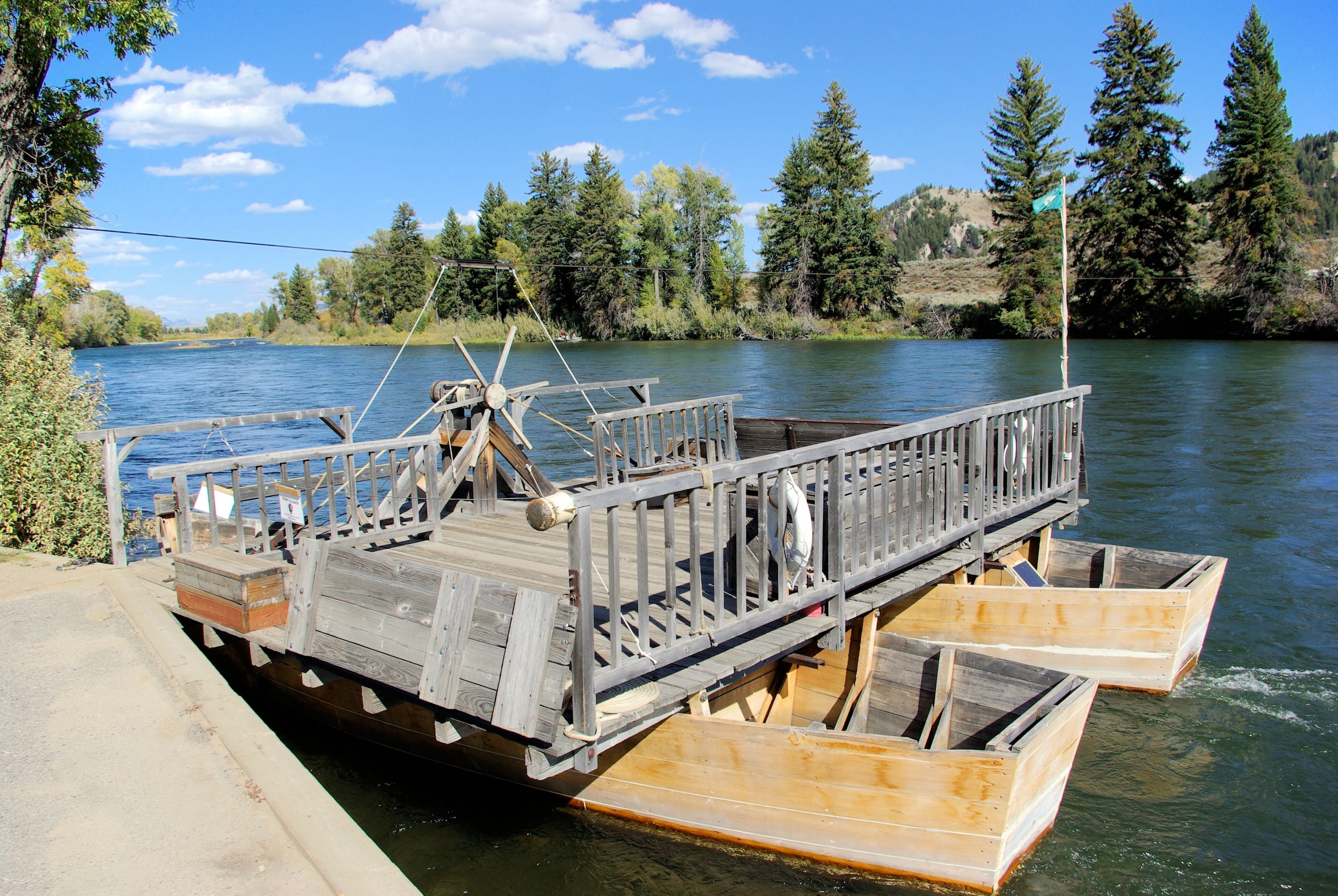 beauty in nature, moose, cloud - sky, tethered, bill menors ferry, tranquility, vintage, wood - material, no people, 2K, lake, wyoming, boat, grand, plant, HD Wallpaper