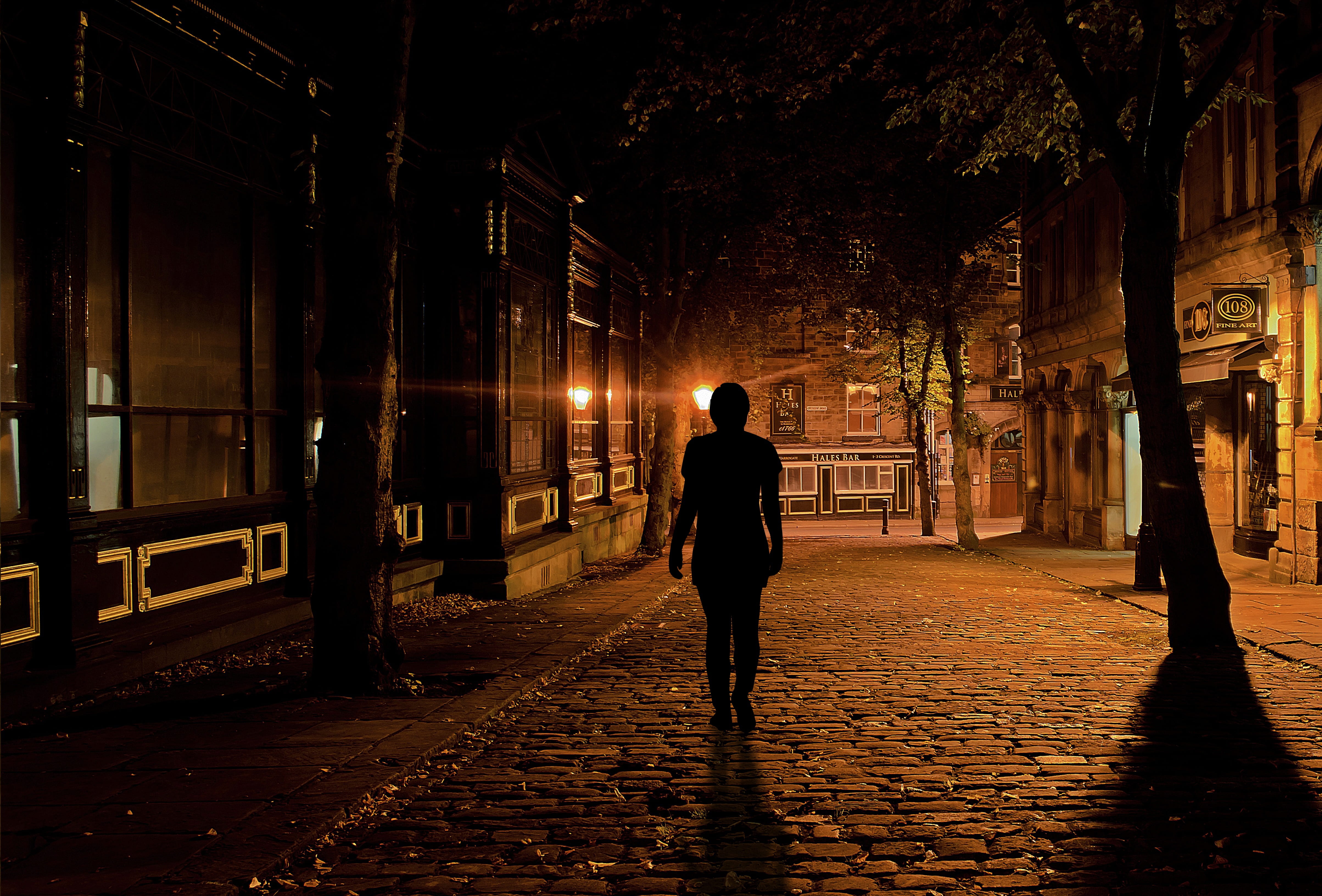 footpath, illuminated, paving stone, dark, walking, lighting, real people, empty, 4K, full length, besides, building exterior, fear, uncertainty, woman go, HD Wallpaper