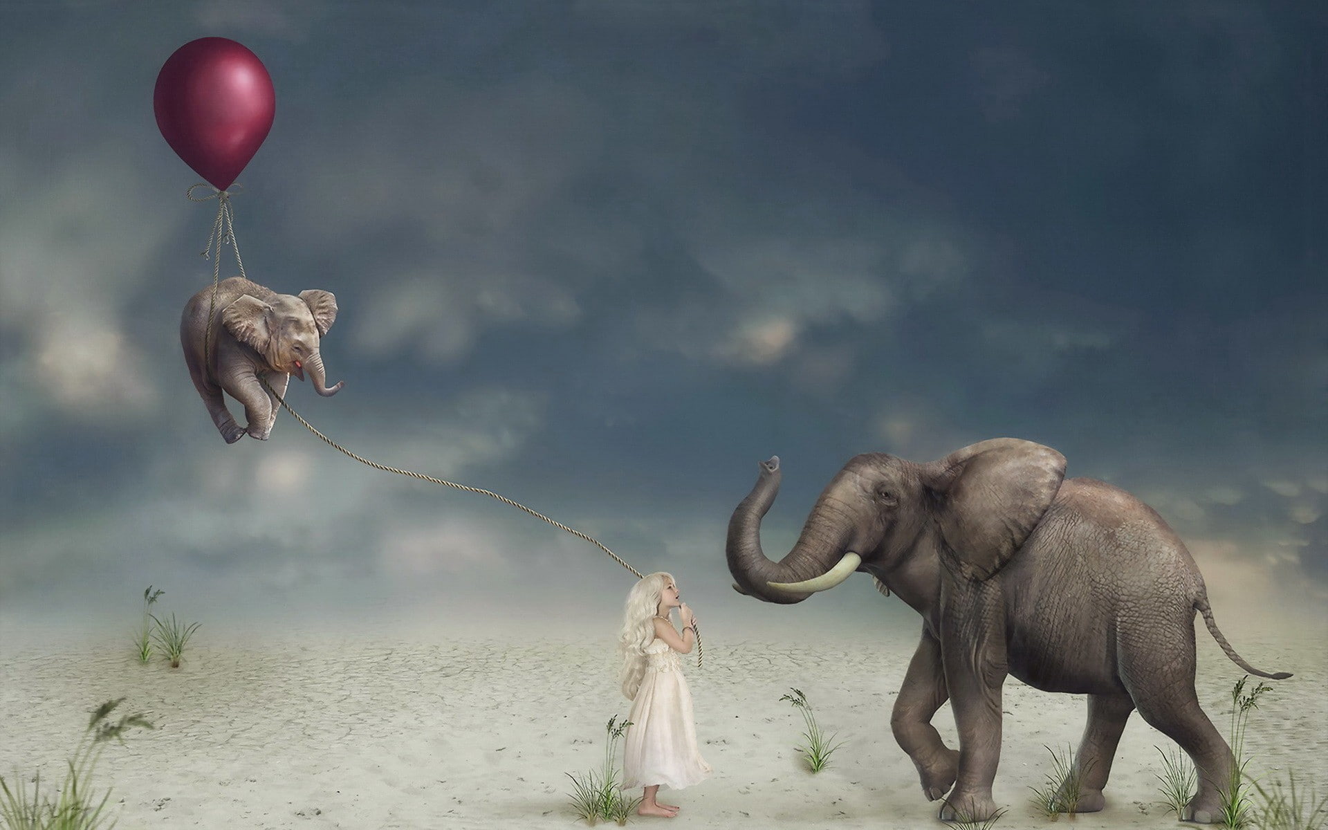 digital composite, fun, no people, animals in the wild, cloud - sky, group of animals, artwork, sky, day, animals, surreal, 1080P, children, two animals, HD Wallpaper
