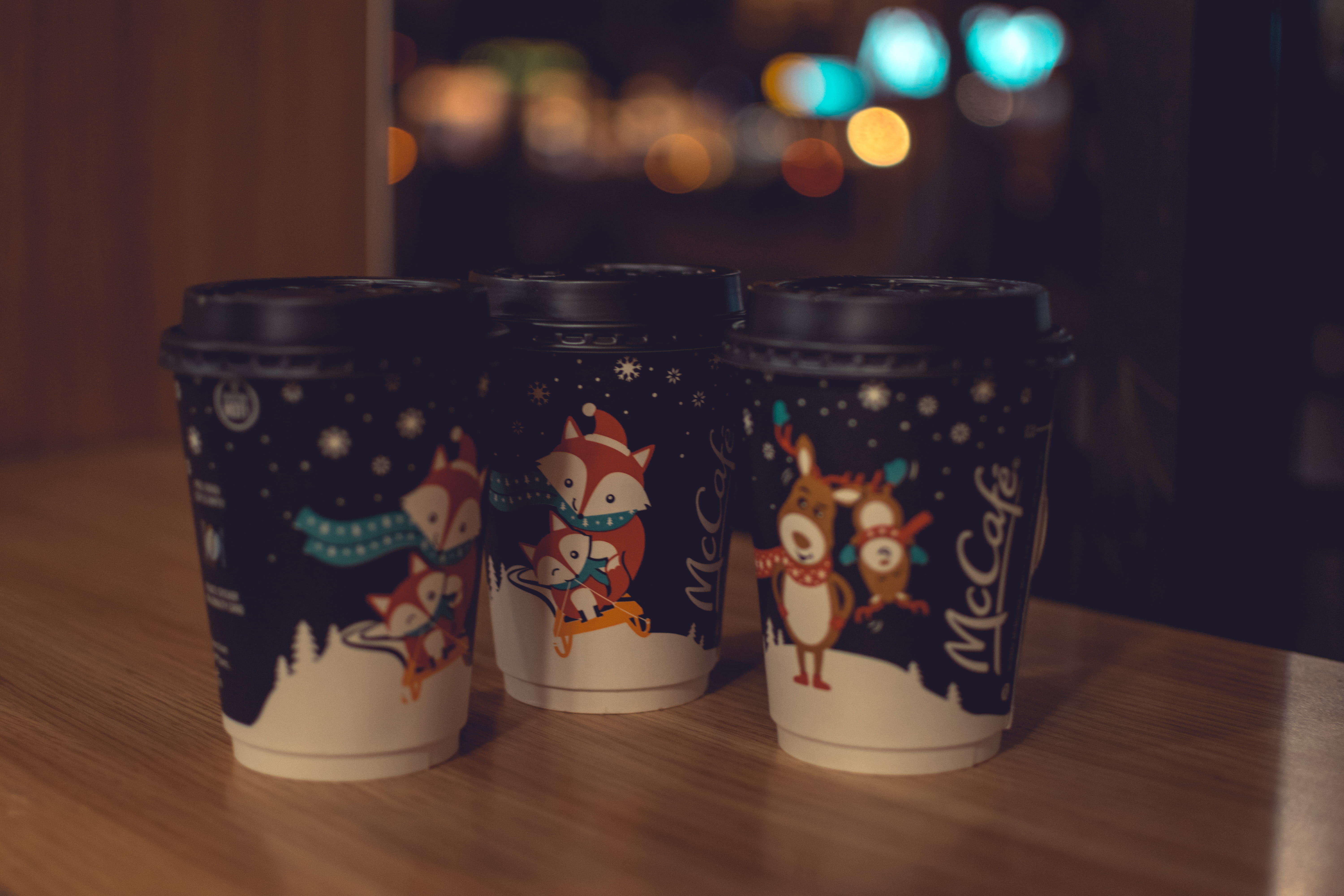 coffee, illuminated, fox, choice, drink, variation, close, christmass, representation, still life, table, creativity, mcdonalds, christmas light, animal, HD Wallpaper