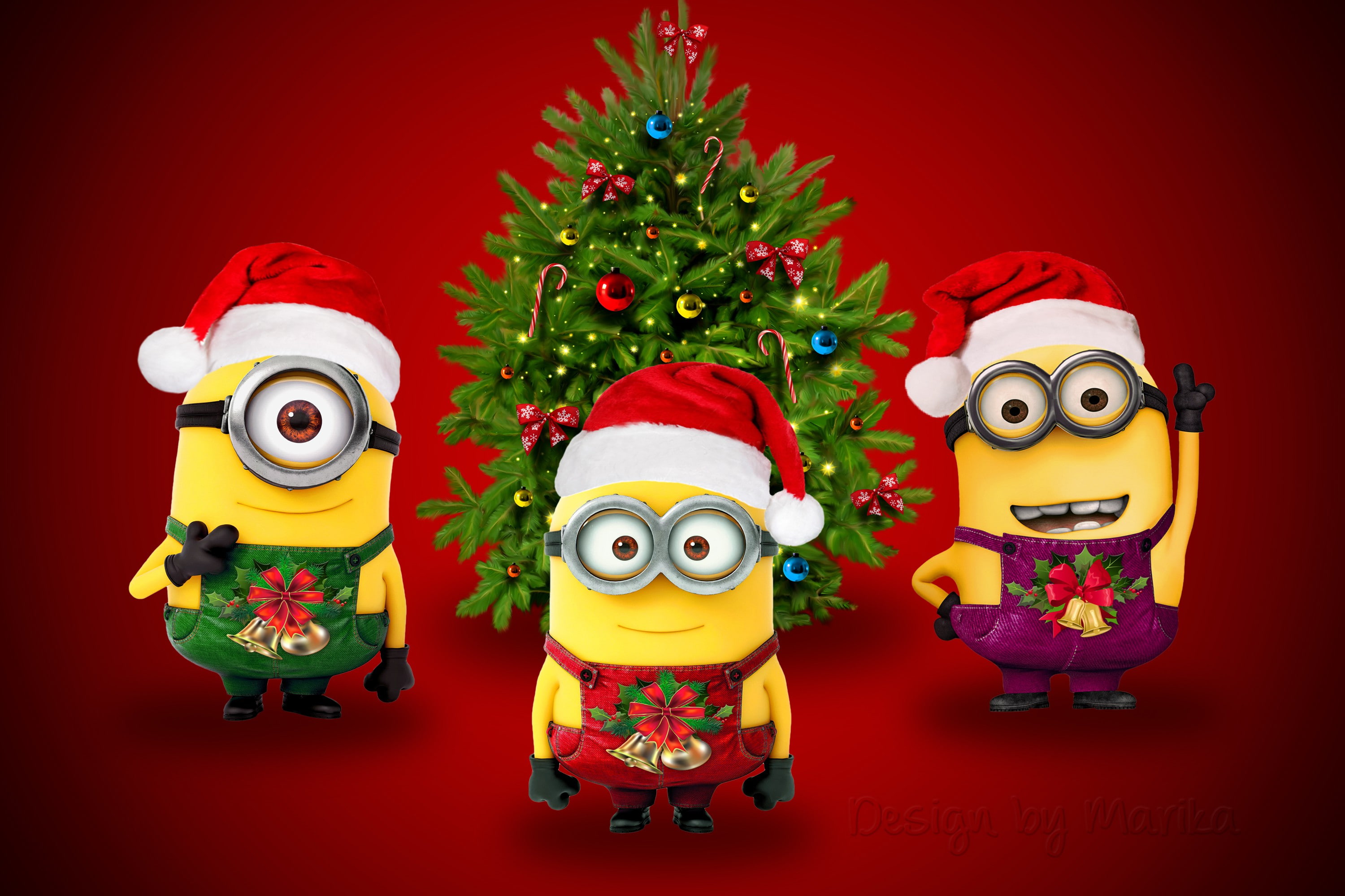 New Year, design by Marika, minions, Xmas, minion, santa, cute, Christmas, 2K, HD Wallpaper