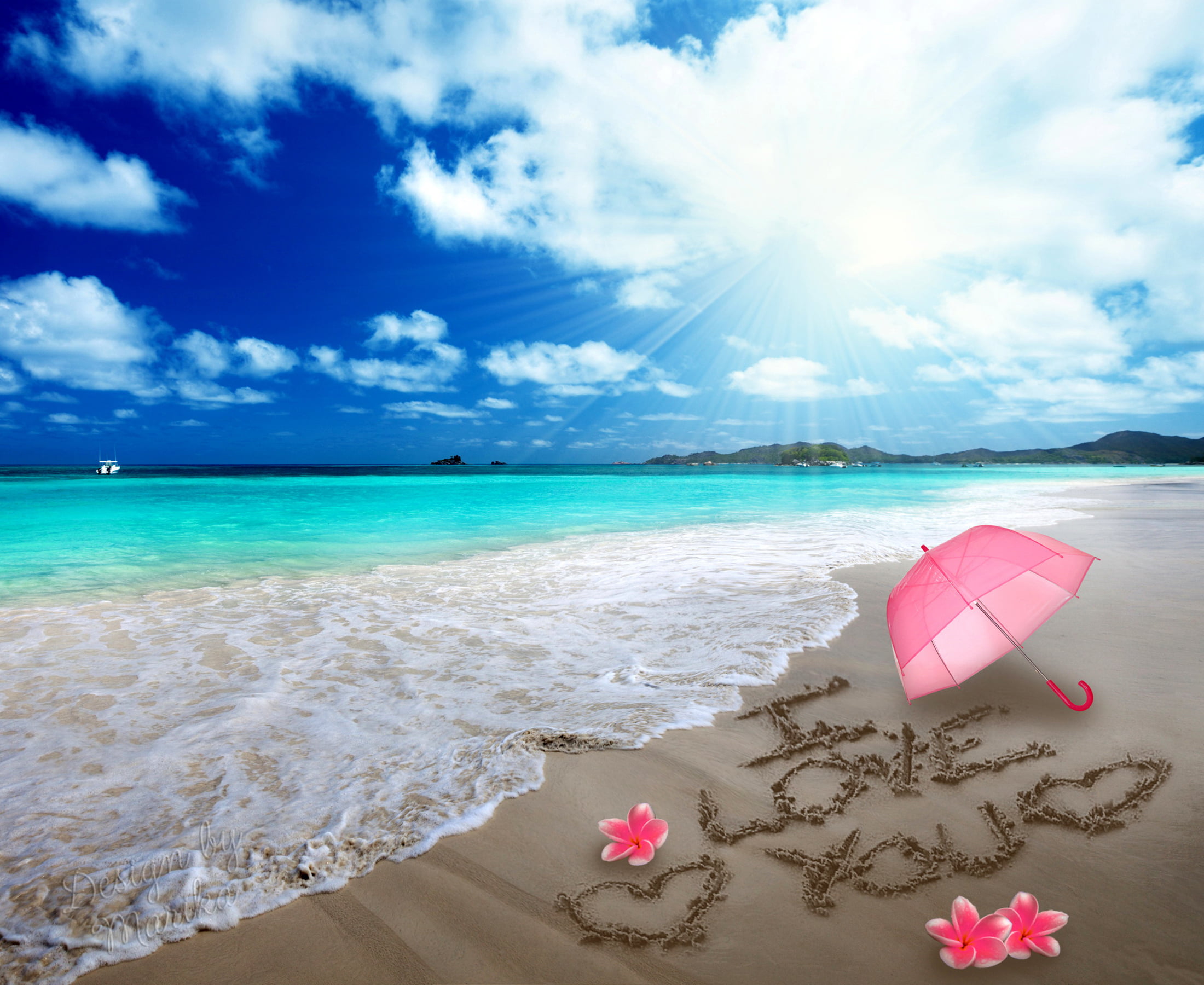 love, sunlight, romantic, tourism, petaled, landscape, nature, hearts, umbrella, beach, i love you, sea, red, sun, heart, idyllic, holiday, scenics - nature, HD Wallpaper
